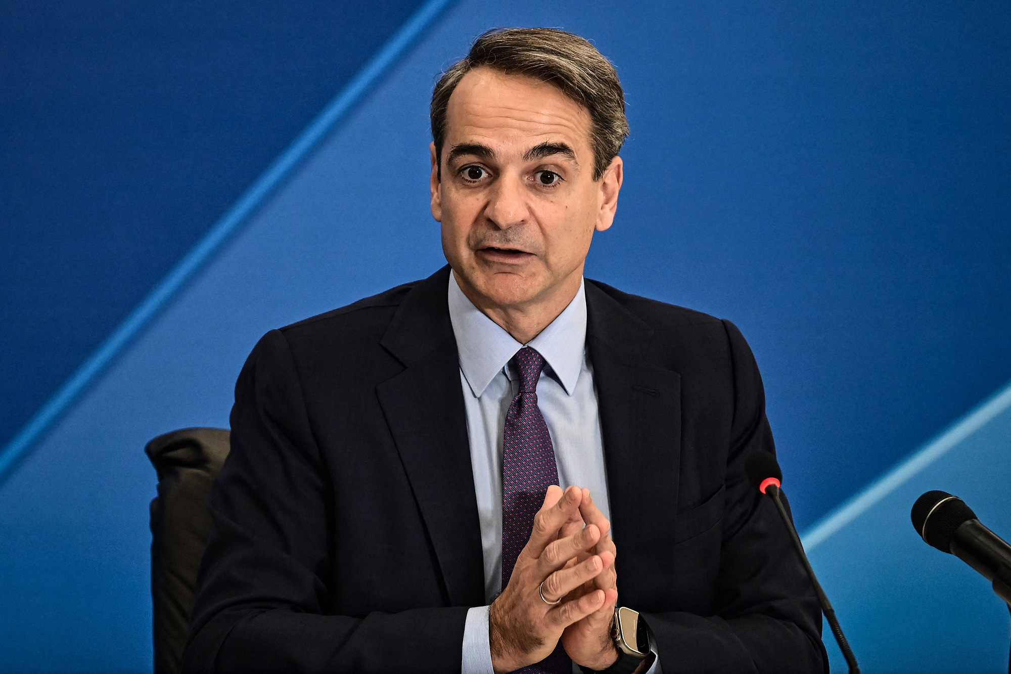 Greek Prime Minister Kyriakos Mitsotakis speaks during a press conference in Athens, Greece, on January 23.