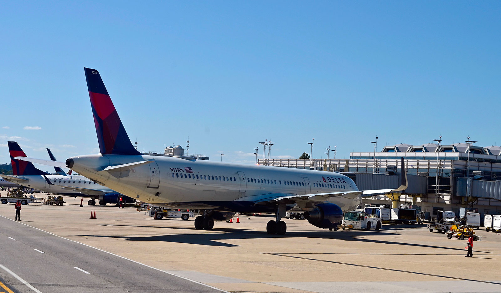 A Delta airlines plane parked at a gate at Ronald Reagan Washington National Airport on September 22, 2020.