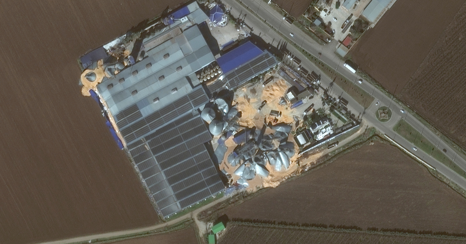 A satellite image shows grain silos destroyed after an earthquake in Kirikhan, Turkey, on February 9.