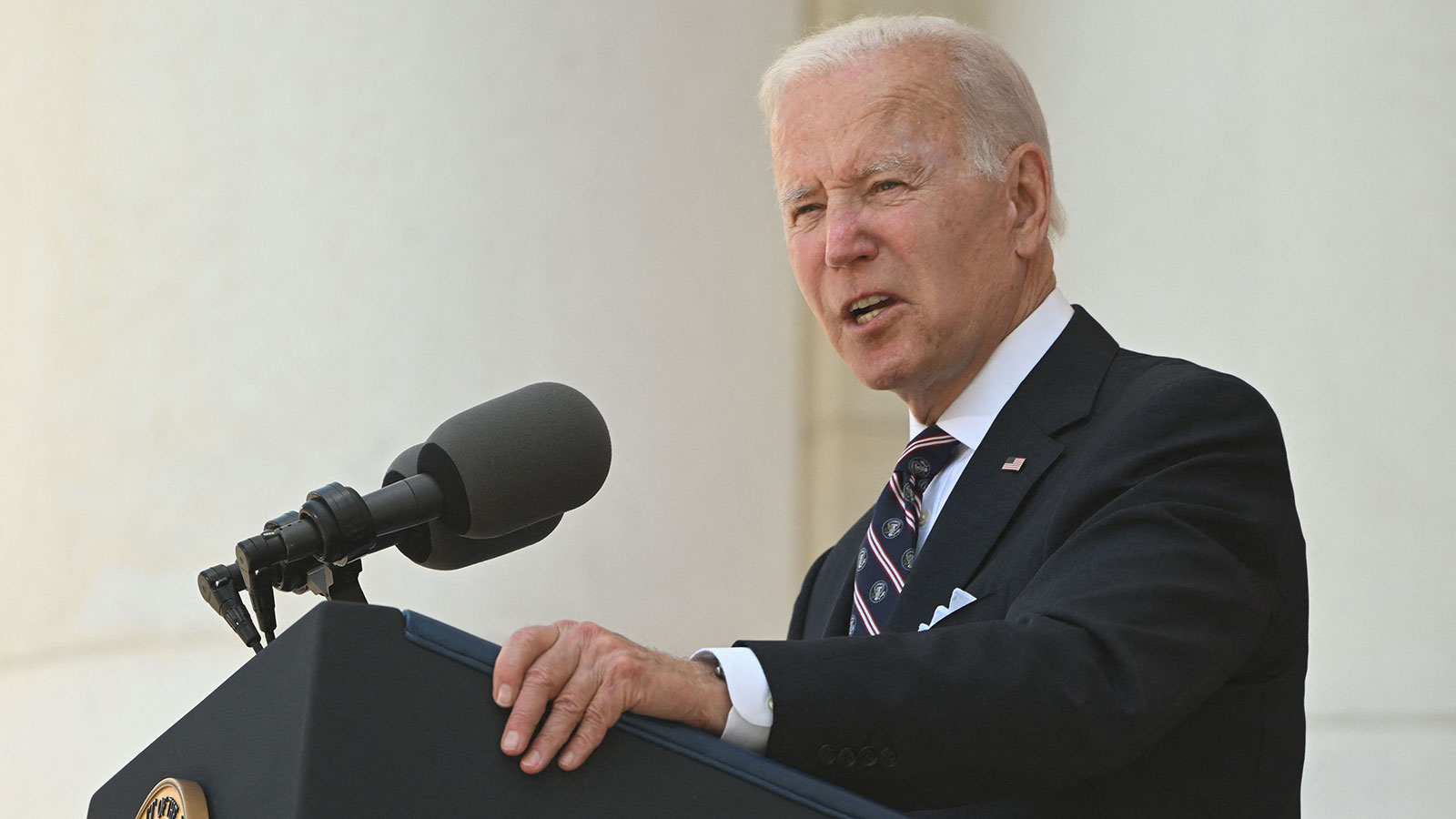 US President Joe Biden speaks at Arlington National Cemetery in Arlington, Virginia, on May 30.