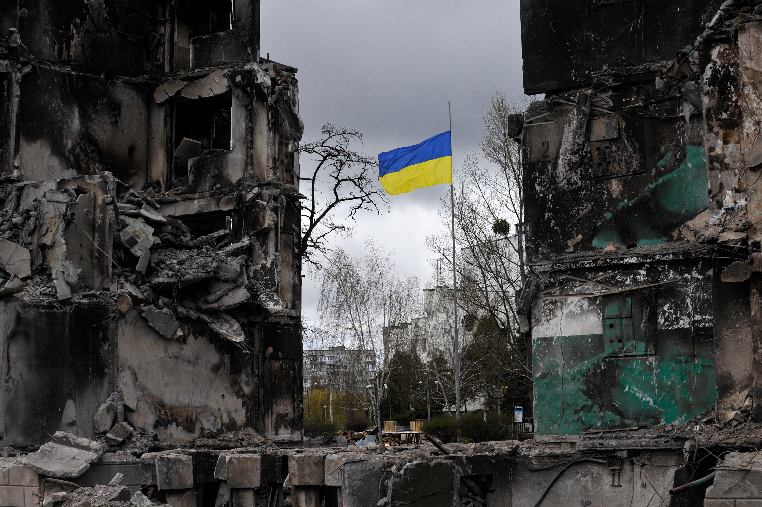 A Ukrainian flag flies amongst destruction in Borodianka, Ukraine, on April 17.