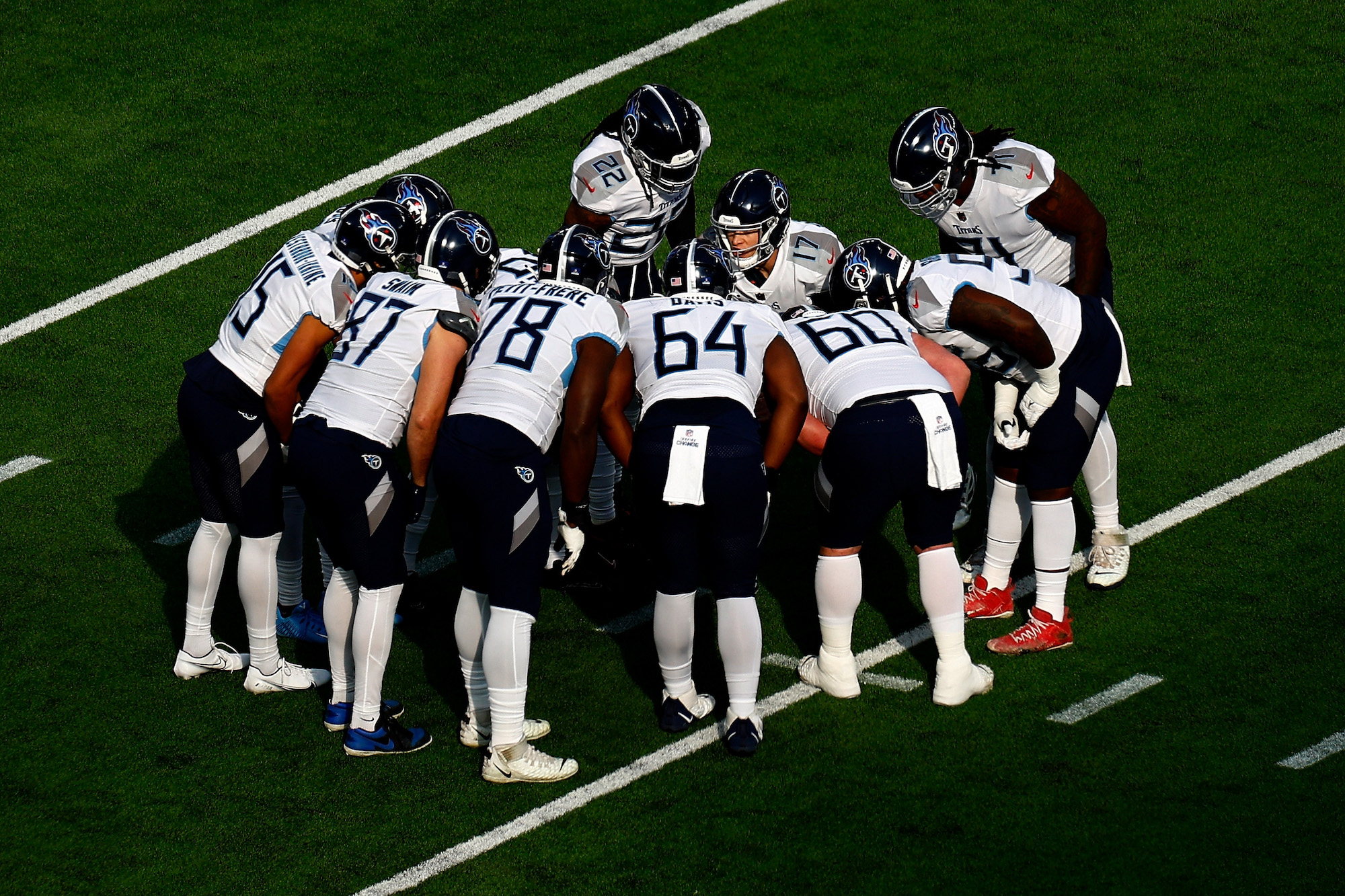 Tennessee Titans huddle during at SoFi Stadium in California on December 18.
