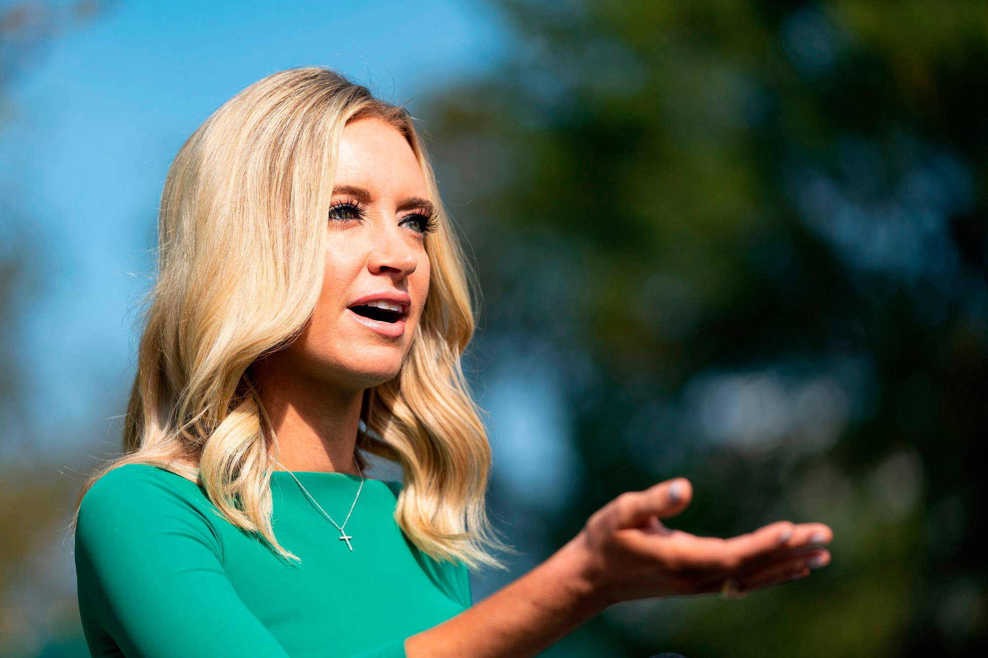 White House Press Secretary Kayleigh McEnany speaks with reporters at the White House in Washington, DC, on October 23.