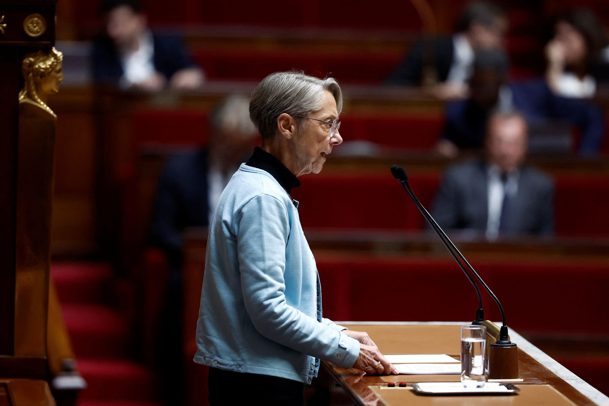 French Prime Minister Elisabeth Borne delivers a government statement on the war in Ukraine and the consequences for France, at the National Assembly in Paris, France, on Monday.