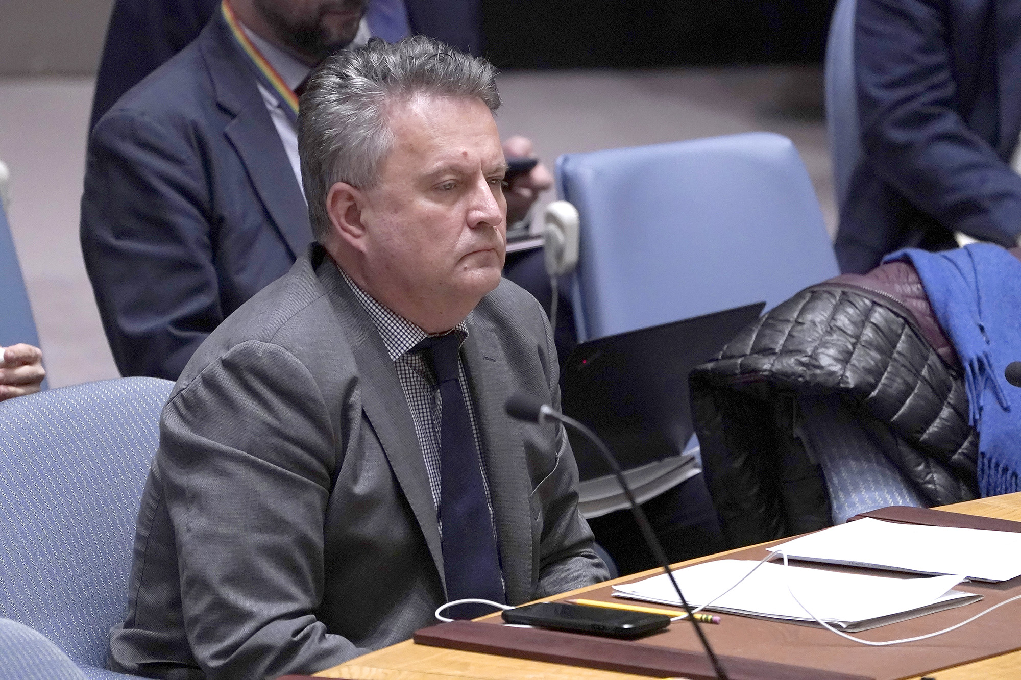 Sergiy Kyslytsya, permanent representative of Ukraine to the United Nations listens as members of the Security Council speak about the current state of the Ukrainian conflict at the United Nations headquarters on November 16, in New York City, USA.