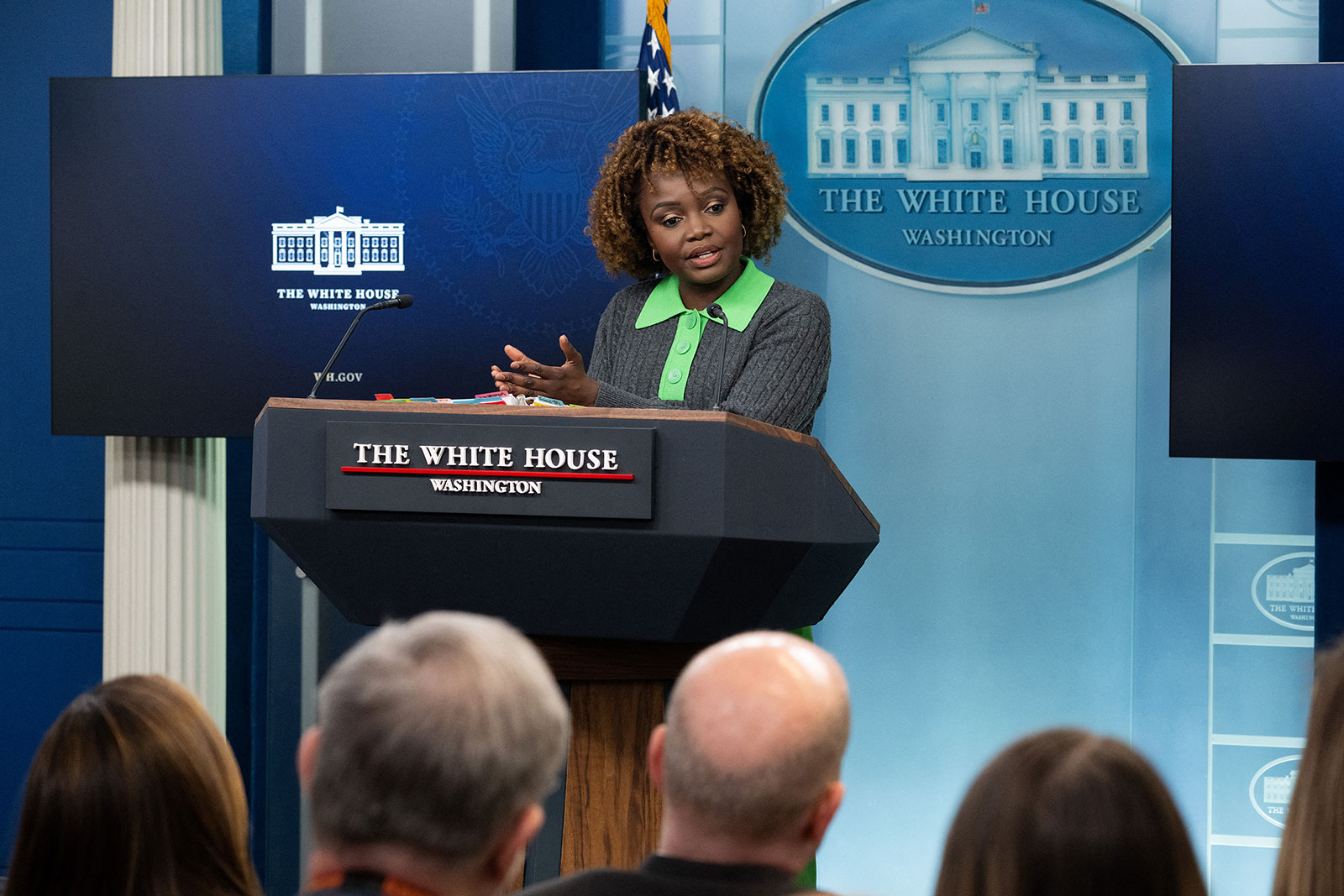 White House Press Secretary Karine Jean-Pierre speaks during a daily press briefing on Thursday in Washington, DC. 