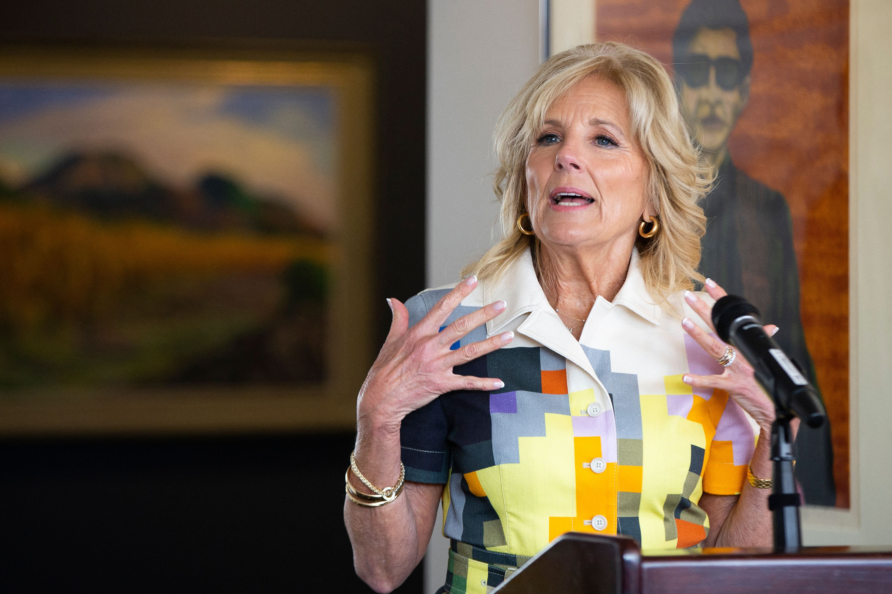 First Lady Jill Biden speaks as she hosts a conversation on women's empowerment at the US Ambassadors' house in Mexico City, on January 9.