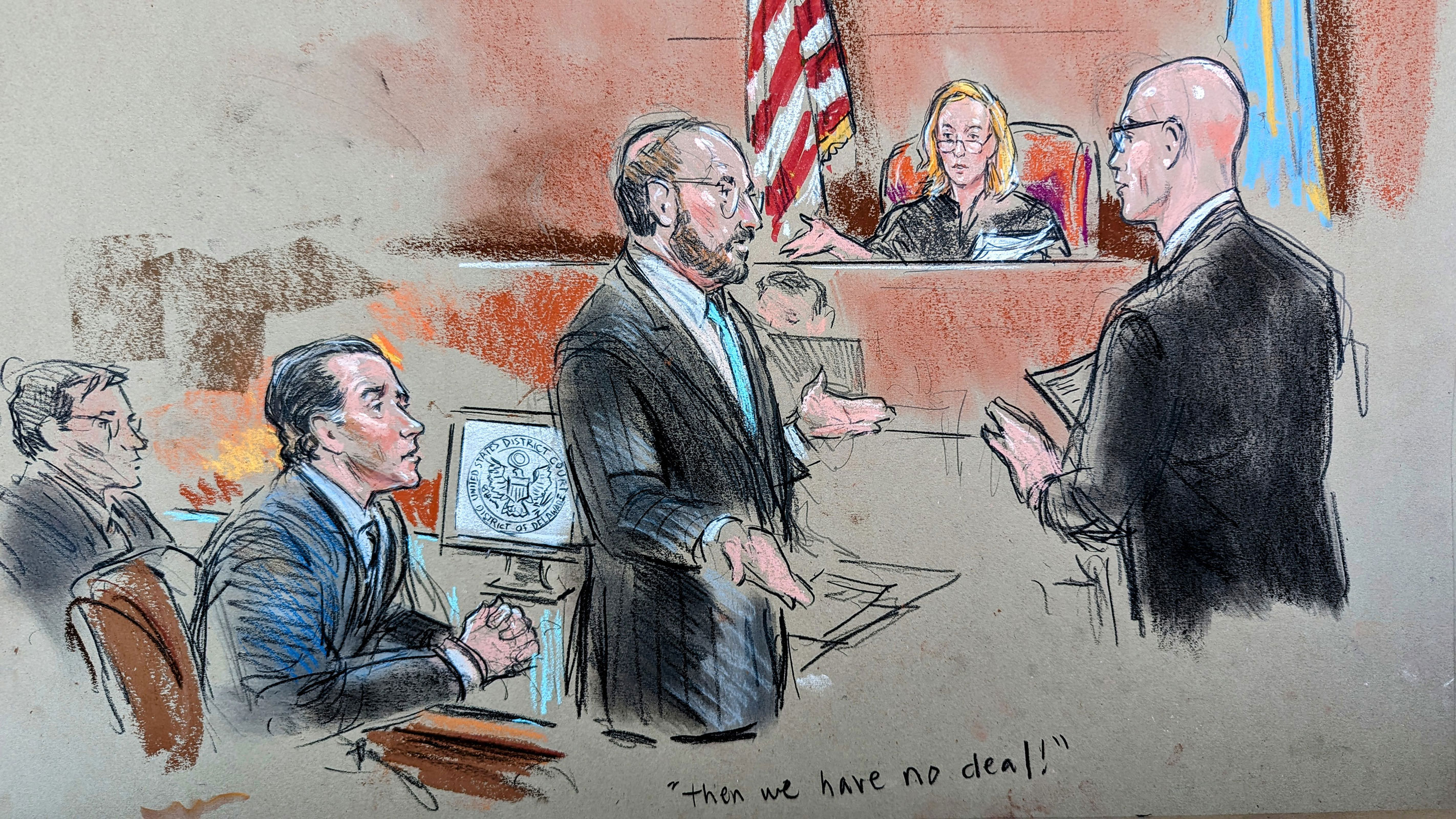 In this sketch from federal court, Hunter Biden, lawyers and Judge Maryellen Noreika attend a plea hearing on two misdemeanor charges of willfully failing to pay income taxes in Wilmington, Delaware, on July 26.