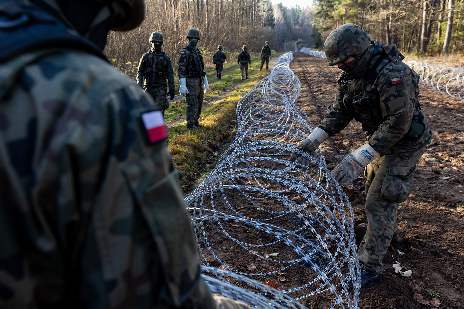 Soldiers of the Polish army install concertina wire at Poland's border with Russian exclave Kaliningrad on November 14, 2022 in Goldap, Poland.