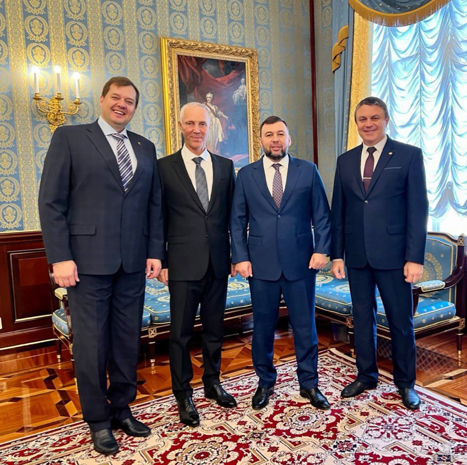 The head of the Russian-backed administration in occupied parts of Zaporizhzhia, Yevgeny Balitsky, has shared a photo of himself (far left) alongside (from left to right) Vladimir Saldo, Denis Pushilin, and Leonid Pasechnik, in Moscow on September 30.