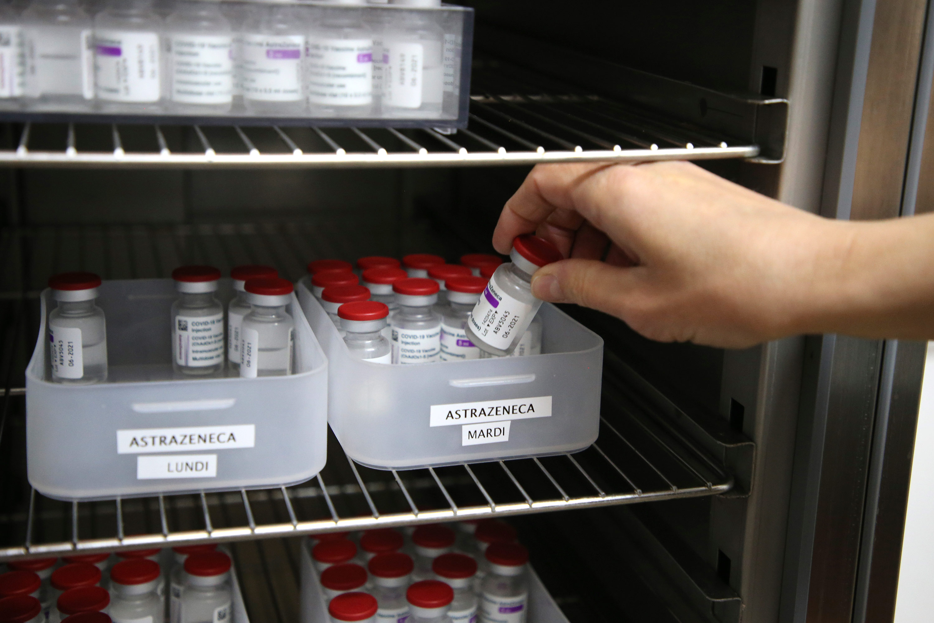 AstraZeneca Covid-19 vaccines are stored in a fridge at a vaccination center in Saint-Jean-de-Luz, France, on Tuesday, March 16. 
