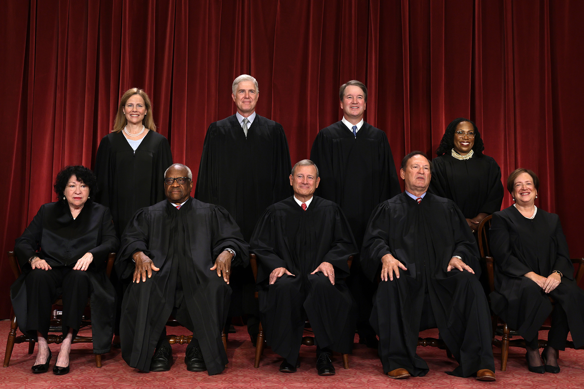 United States Supreme Court Associate Justice Sonia Sotomayor, Associate Justice Clarence Thomas, Chief Justice of the United States John Roberts, Associate Justice Samuel Alito, and Associate Justice Elena Kagan, Associate Justice Amy Coney Barrett, Associate Justice Neil Gorsuch, Associate Justice Brett Kavanaugh and Associate Justice Ketanji Brown Jackson pose for their official portrait at the East Conference Room of the Supreme Court building on October 7, 2022 in Washington, DC.