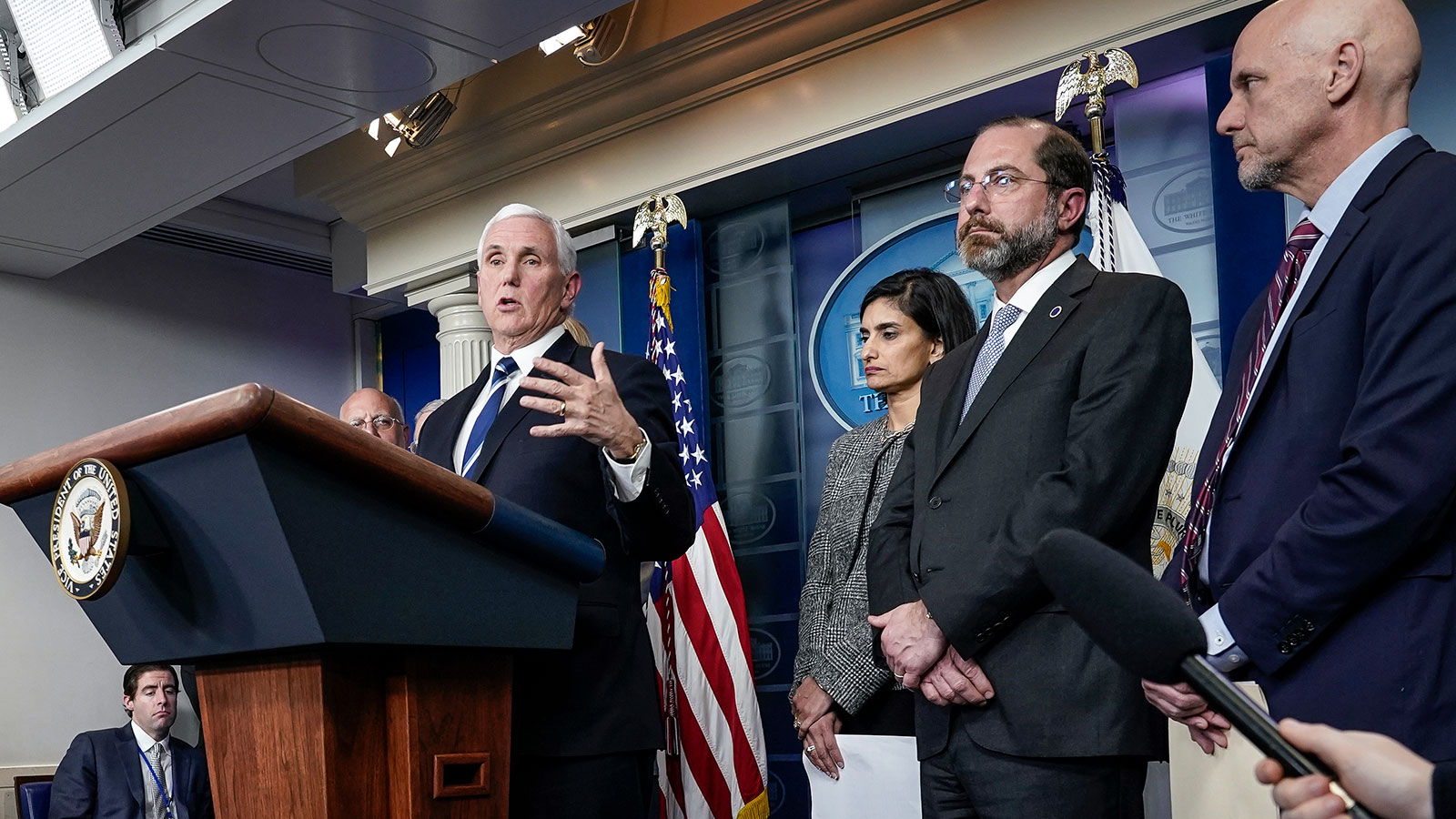 U.S. Vice President Mike Pence speaks during a briefing on the administration's coronavirus response in the press briefing room of the White House on March 3.