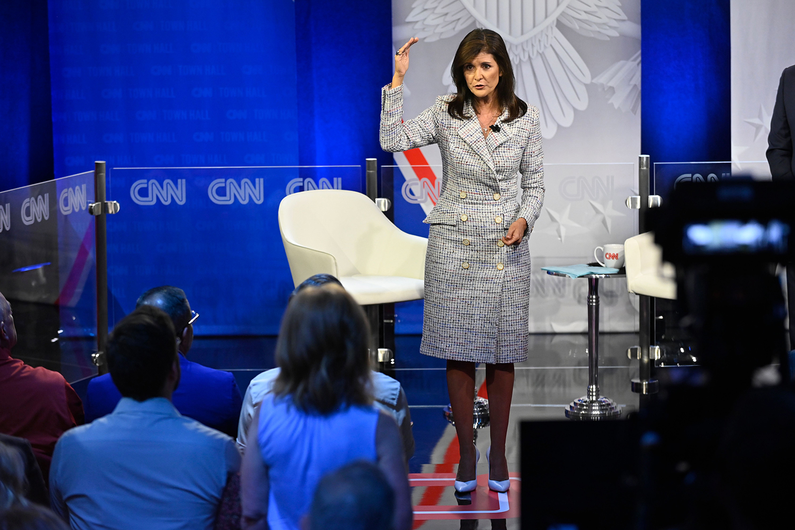 Nikki Haley gestures as she speaks during the town hall.