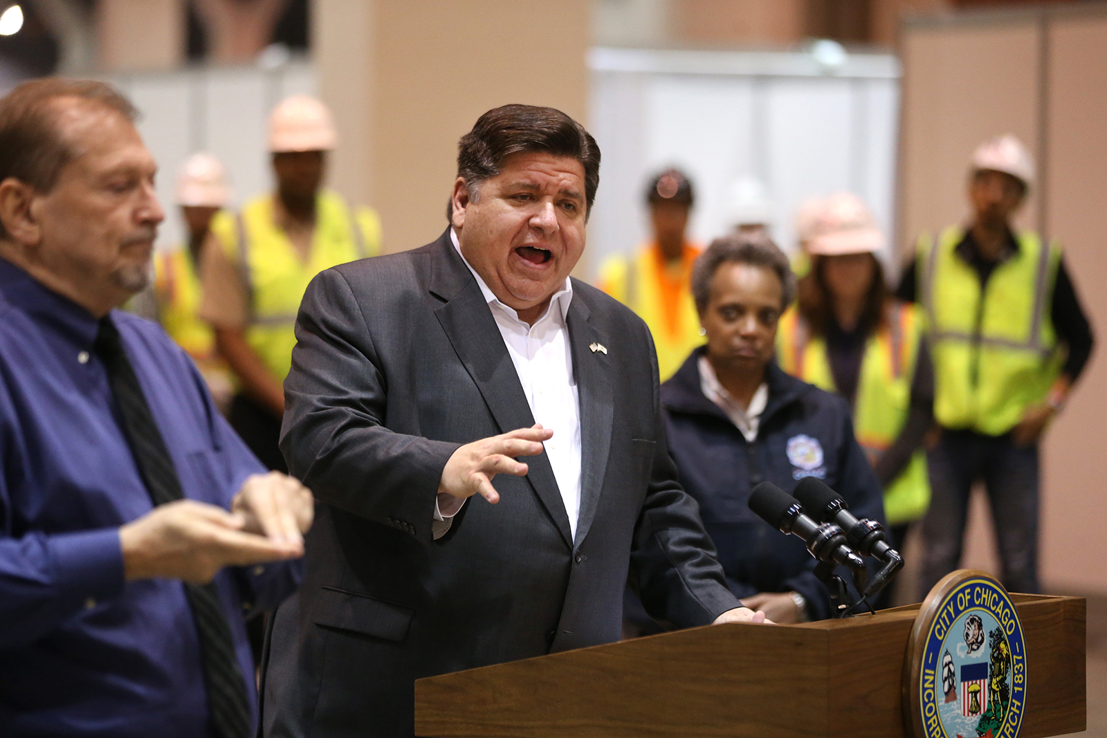 Illinois Gov. J.B. Pritzker speaks during a press conference at McCormick Place on Friday, April 3, in Chicago, Illinois. 