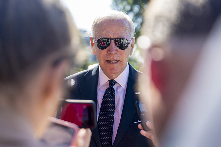 President Joe Biden speaks to the media on the south lawn of the White House today in Washington, DC. 