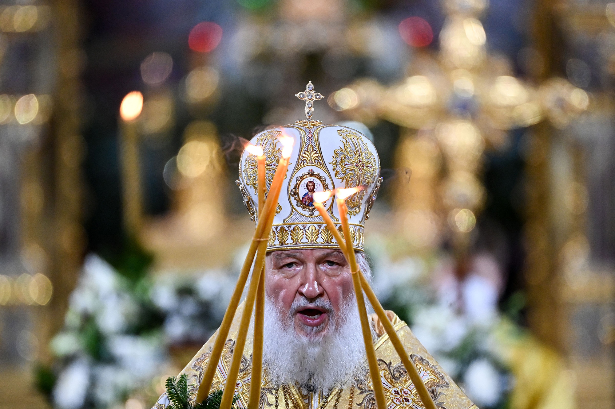 Russian Patriarch Kirill celebrates a Christmas service at the Christ the Savior cathedral in Moscow, Russia, late on January 6.