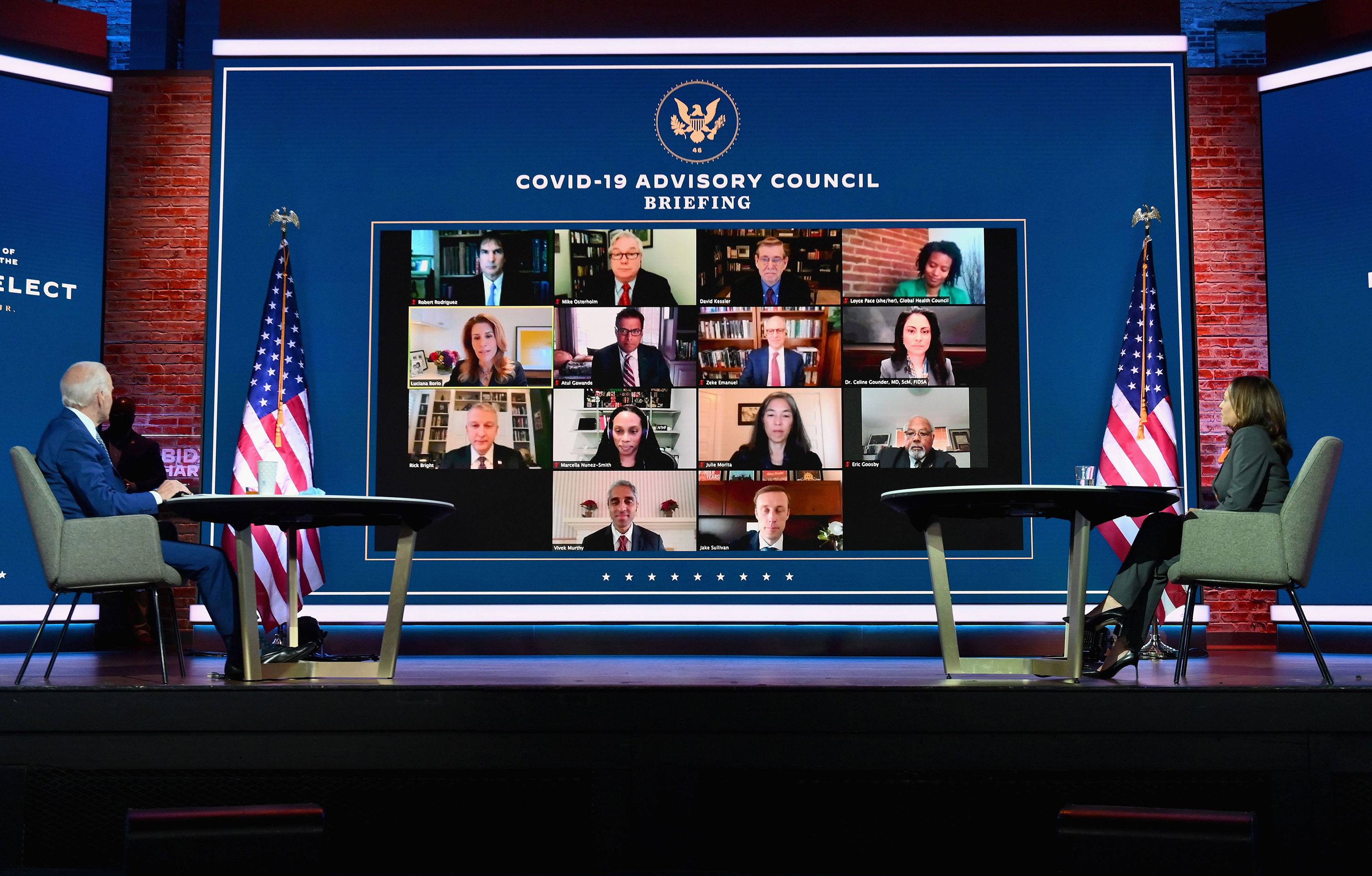 President-elect Joe Biden and Vice President-elect Kamala Harris speak virtually with the Covid-19 Advisory Council on November 9 in Wilmington, Delaware.