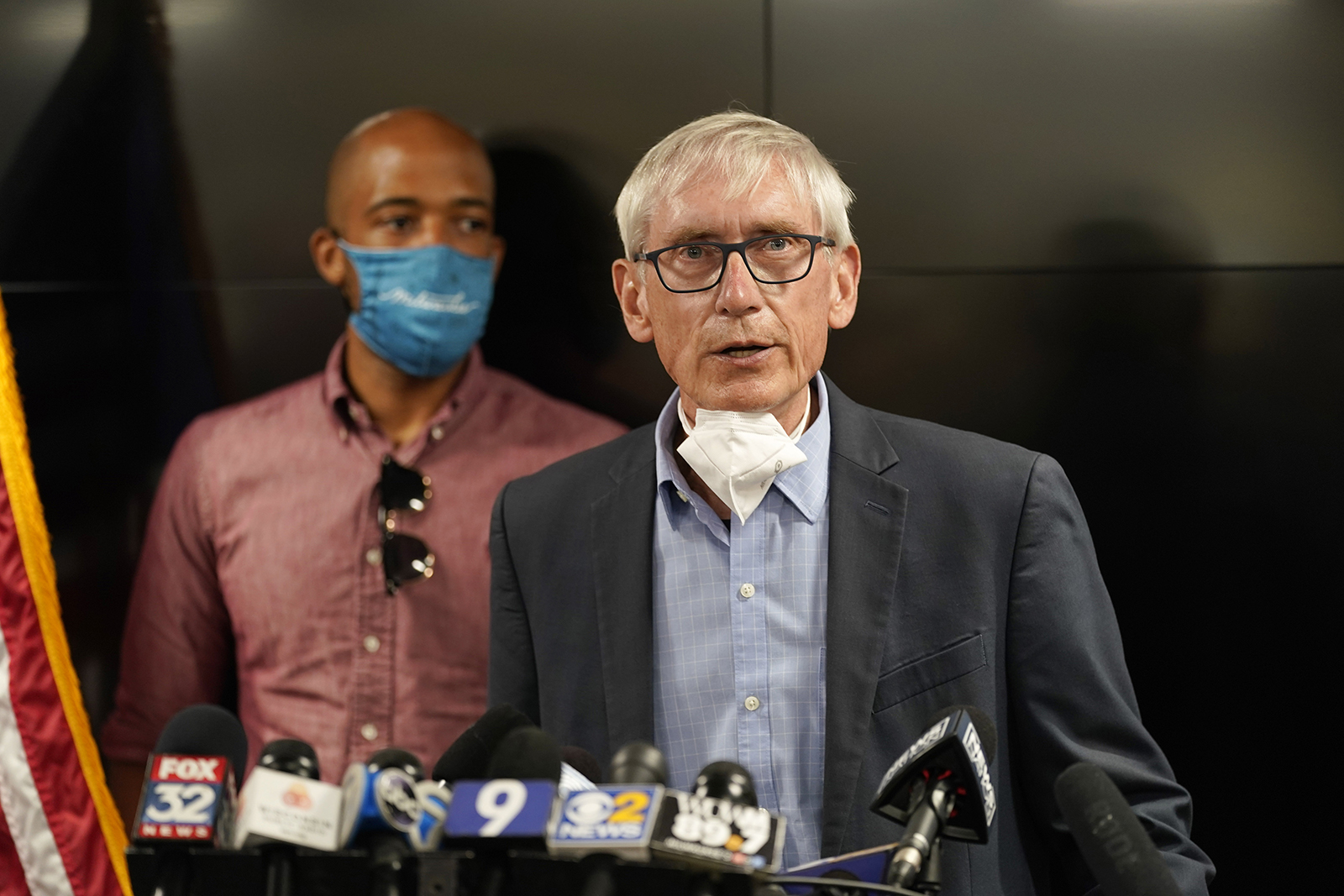 Wisconsin Governor Tony Evers speaks during a news conference Thursday, August 27, in Kenosha.