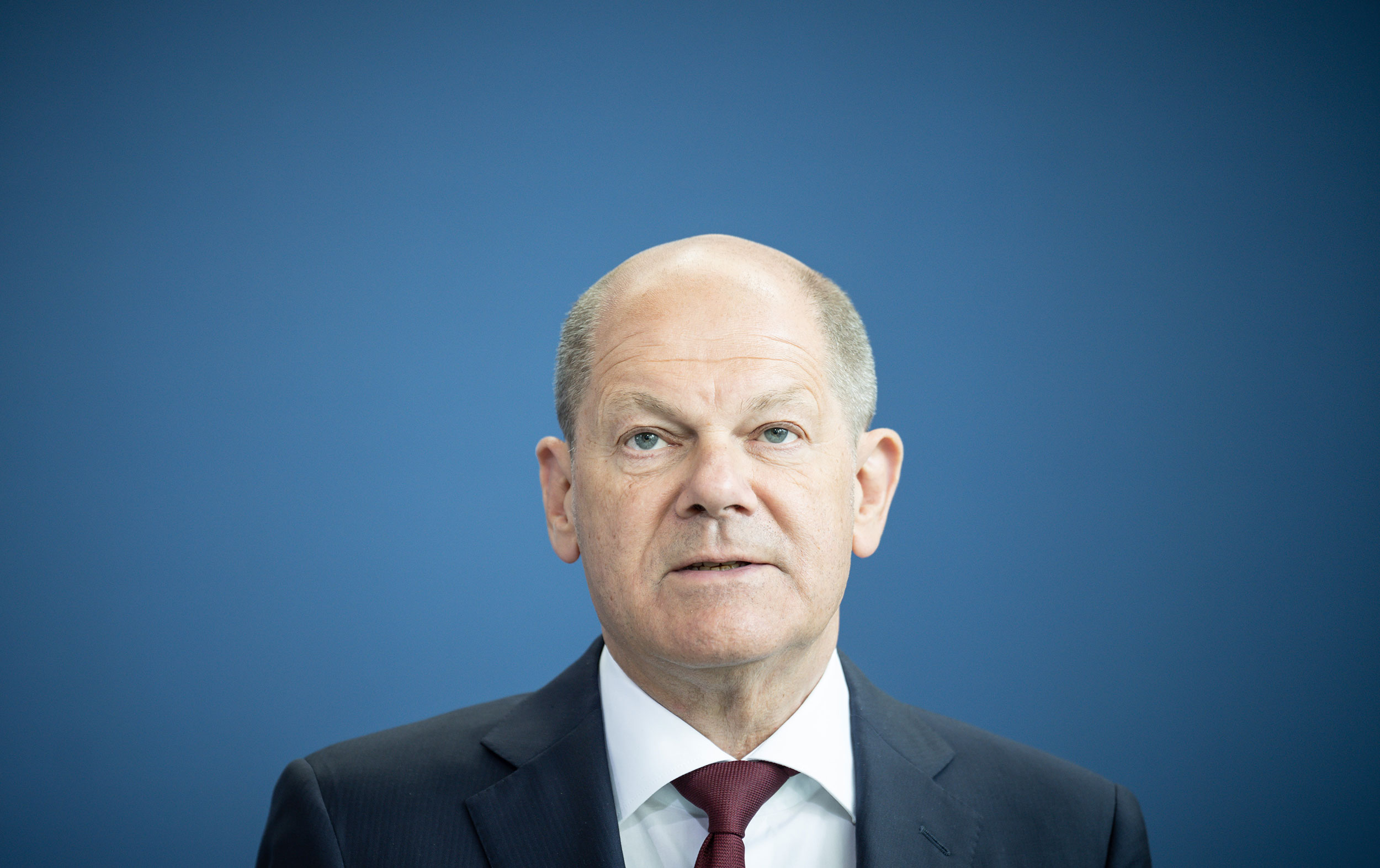 German Chancellor Olaf Scholz speaks at a press conference with Indian Prime Minister Narendra Modi in Berlin on May 2.