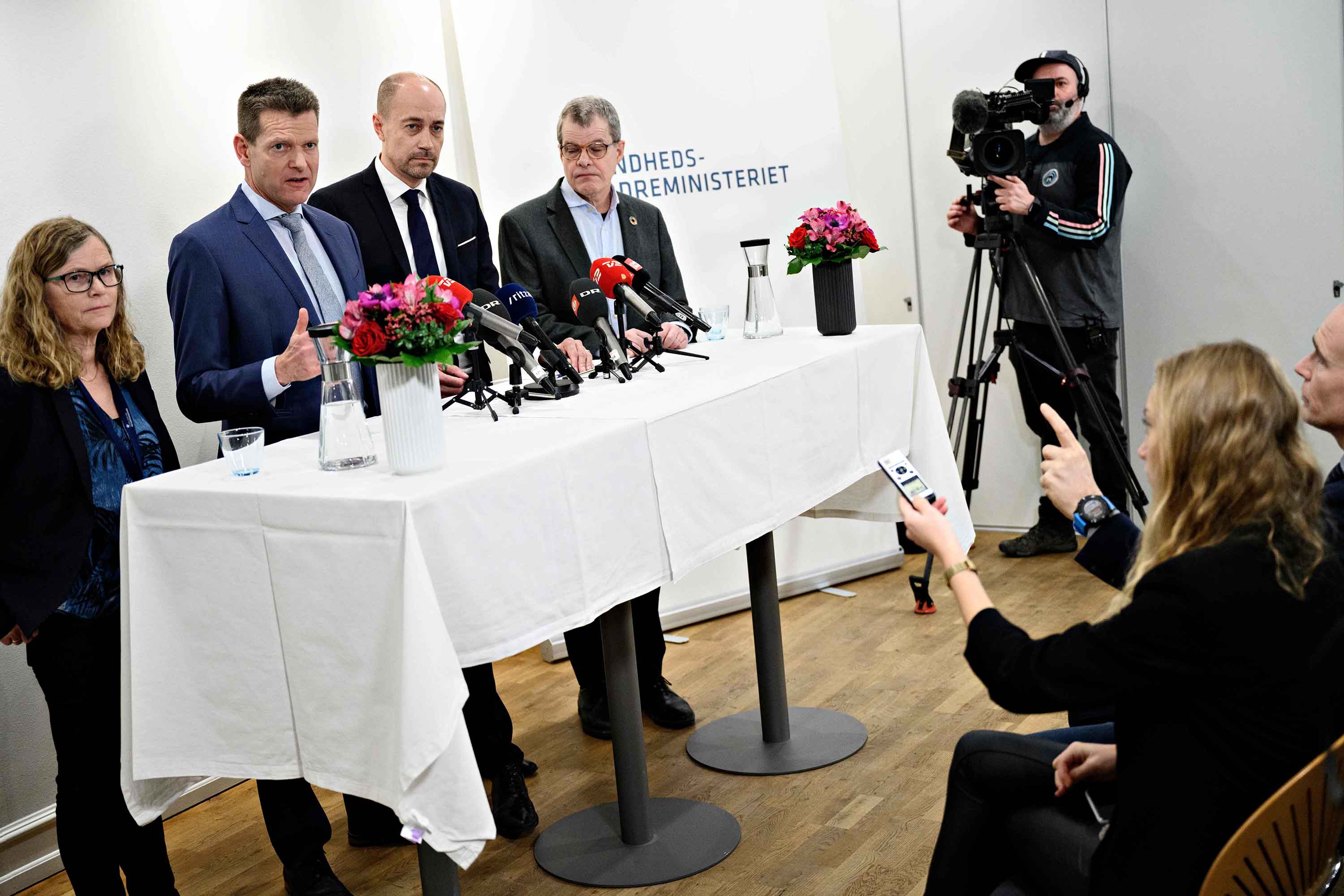 Director General of the Danish Health Authority, Søren Brostrøm, second from left, addresses a press conference on Thursday in Copenhagen regarding the first case of coronavirus detected in the country.