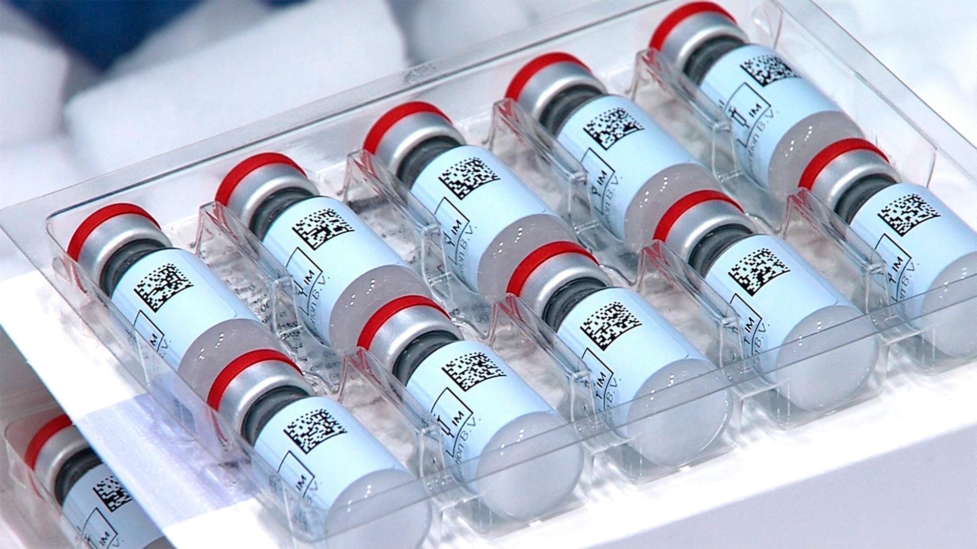 This December 2020 photo provided by Johnson & Johnson shows vials of the Covid-19 vaccine in the United States.