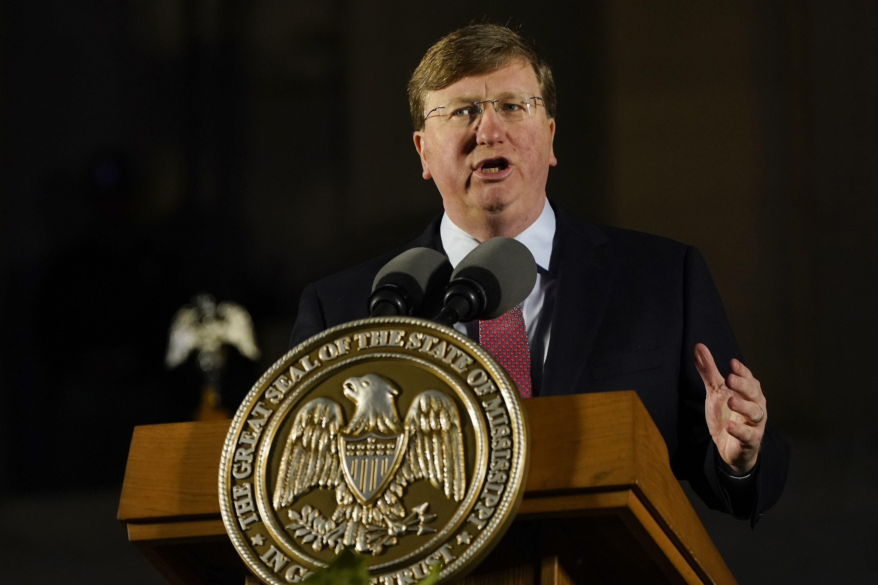 Republican Gov. Tate Reeves delivers his State of the Union address before the joint session of the Mississippi Legislature on the steps of the State Capitol in Jackson, Mississippi, on Jan. 30.