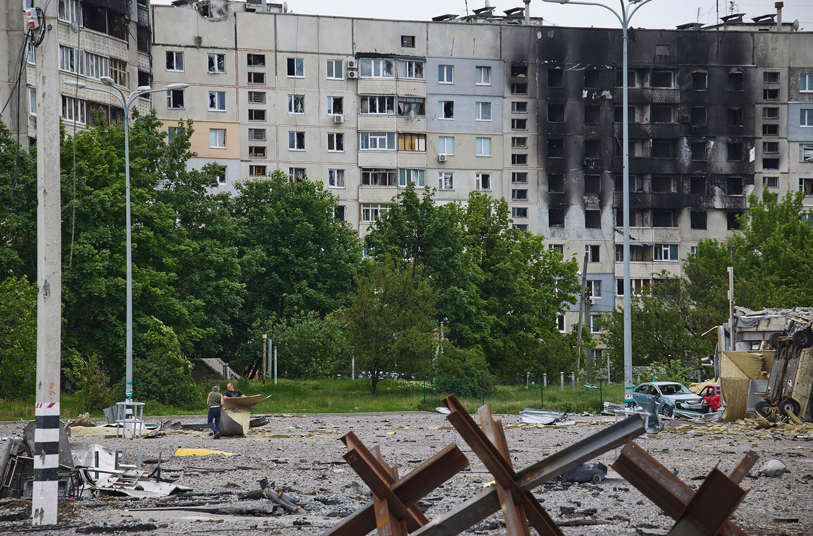 A damaged residential building is seen in Kharkiv, Ukraine, on May 26.