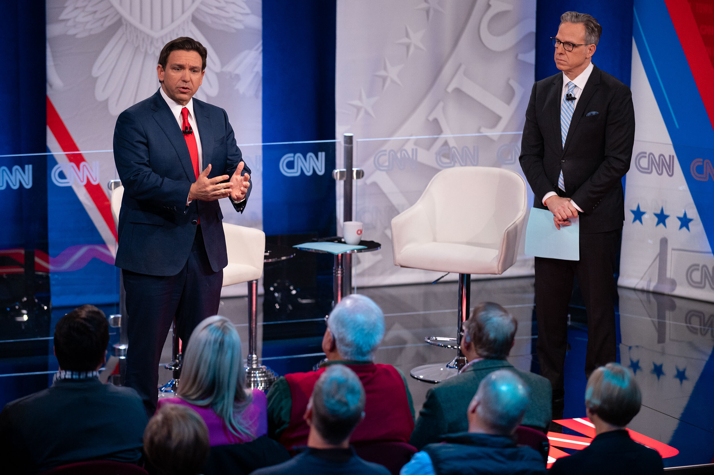 Republican presidential candidate and Florida Gov. Ron DeSantis participates in a CNN Republican Town Hall moderated by CNN’s Jake Tapper at Grand View University in Des Moines, Iowa, on Tuesday, December 12.