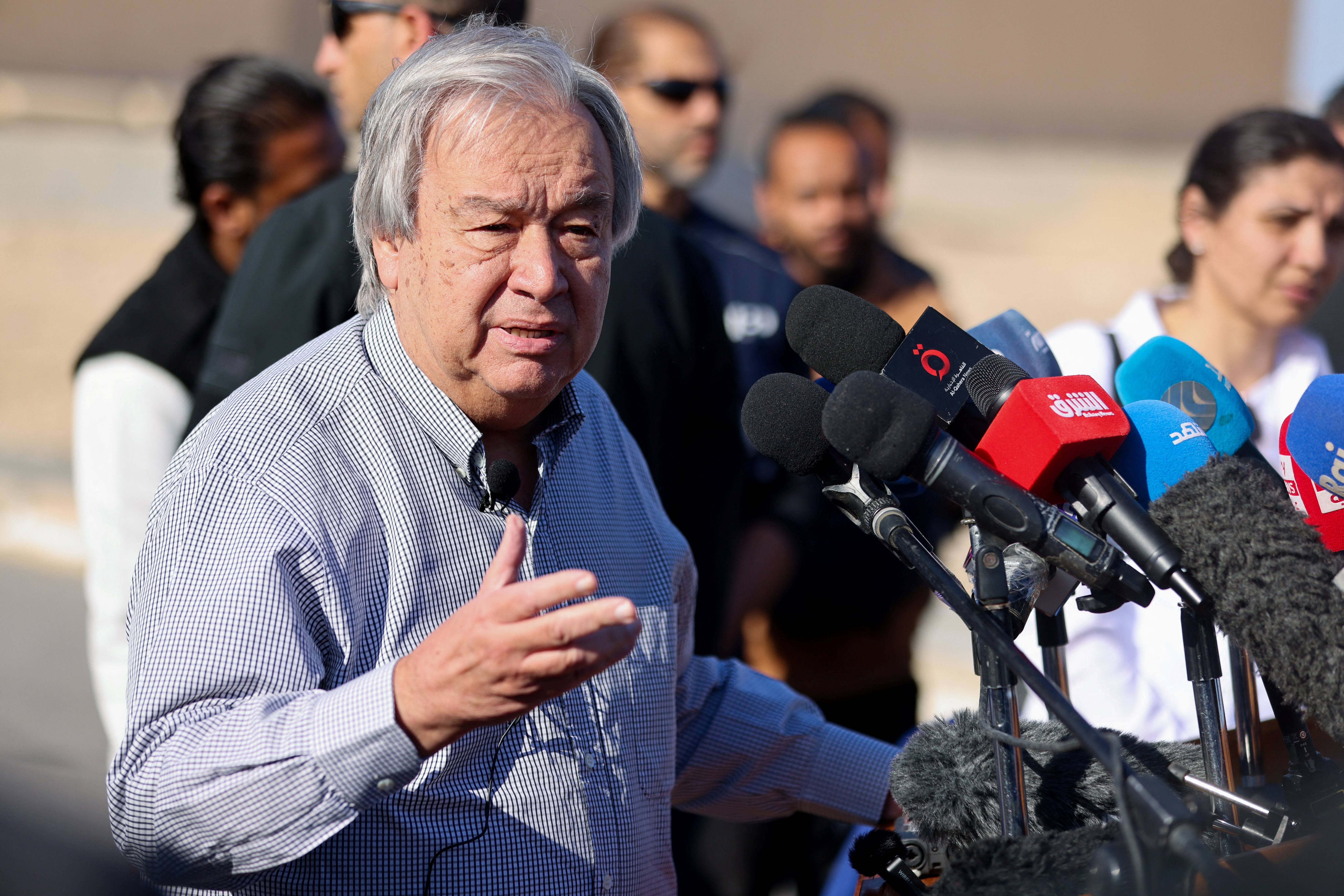 United Nations Secretary-General António Guterres speaks to the media at El Arish International Airport in Egypt on March 23.