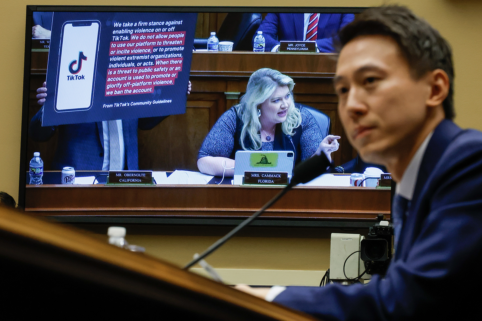 TikTok CEO Shou Zi Chew takes questions from Rep. Kat Cammack (R-FL) before the House Energy and Commerce Committee in the Rayburn House Office Building on Capitol Hill on March 23 in Washington, DC. The hearing was a rare opportunity for lawmakers to question the leader of the short-form social media video app about the company's relationship with its Chinese owner, ByteDance, and how they handle users' sensitive personal data. 