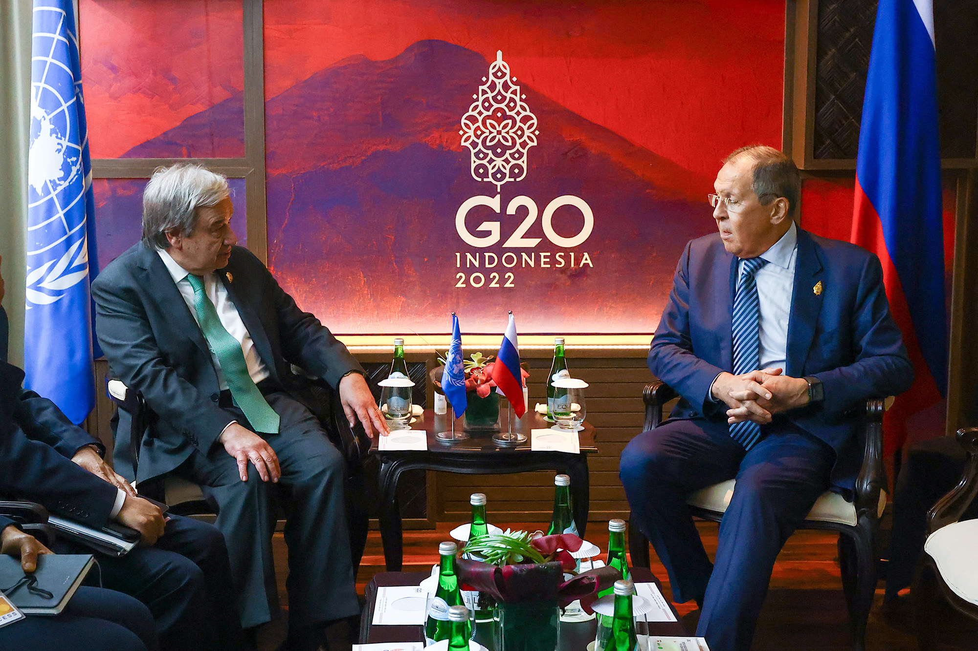 Russian Foreign Minister Sergey Lavrov, right, and Secretary-General of the United Nations Antonio Guterres attend a meeting on the sidelines of the G20 summit in Bali, Indonesia, on November 15.