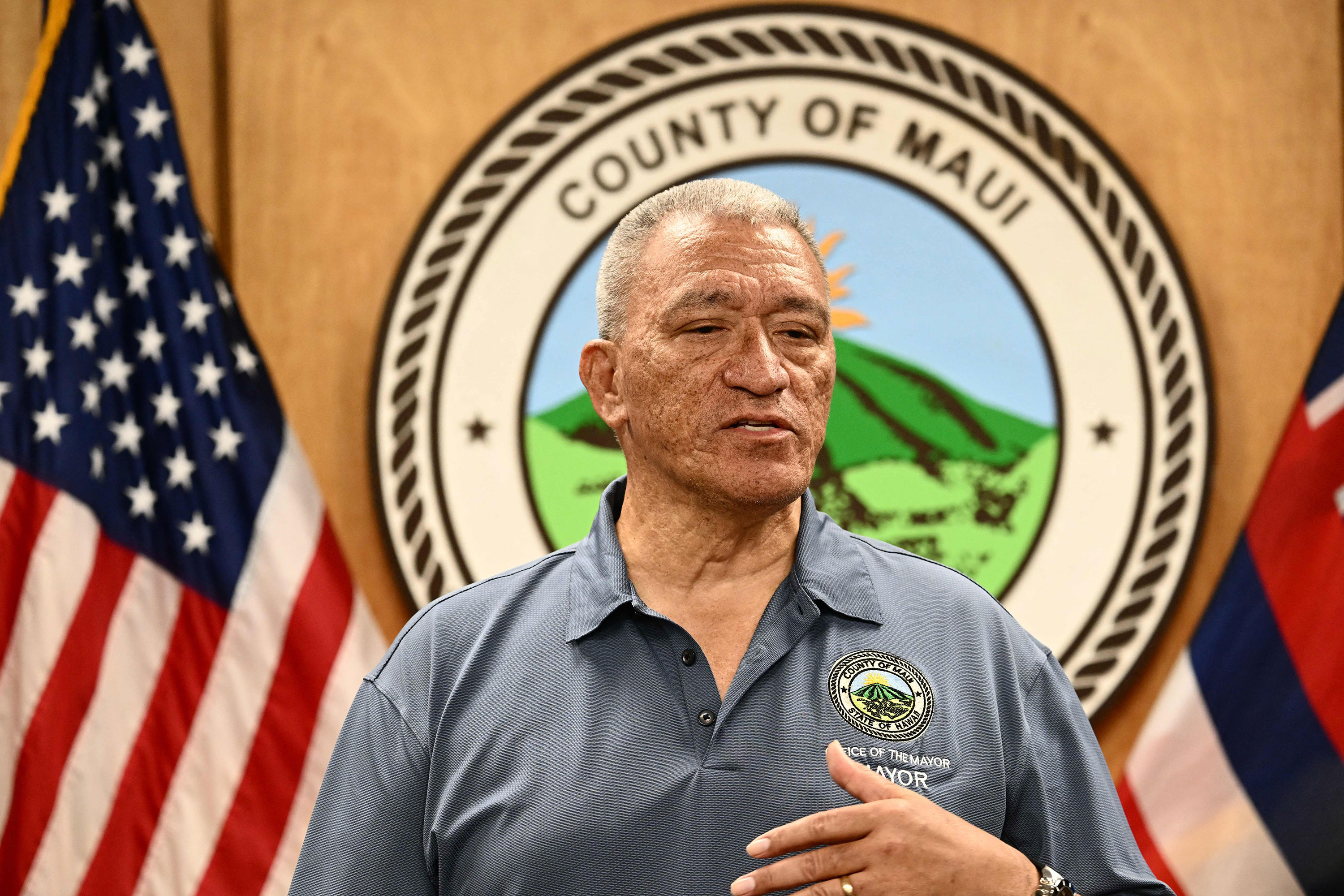 Maui County Mayor Richard T. Bissen, Jr. speaks during a press conference in Wailuku, Hawaii, on Thursday.