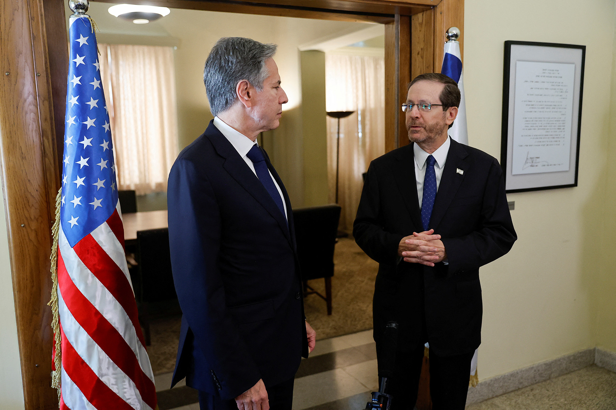 U.S. Secretary of State Antony Blinken, left, meets with Israeli President Isaac Herzog, during his visit to Israel, on November 3.