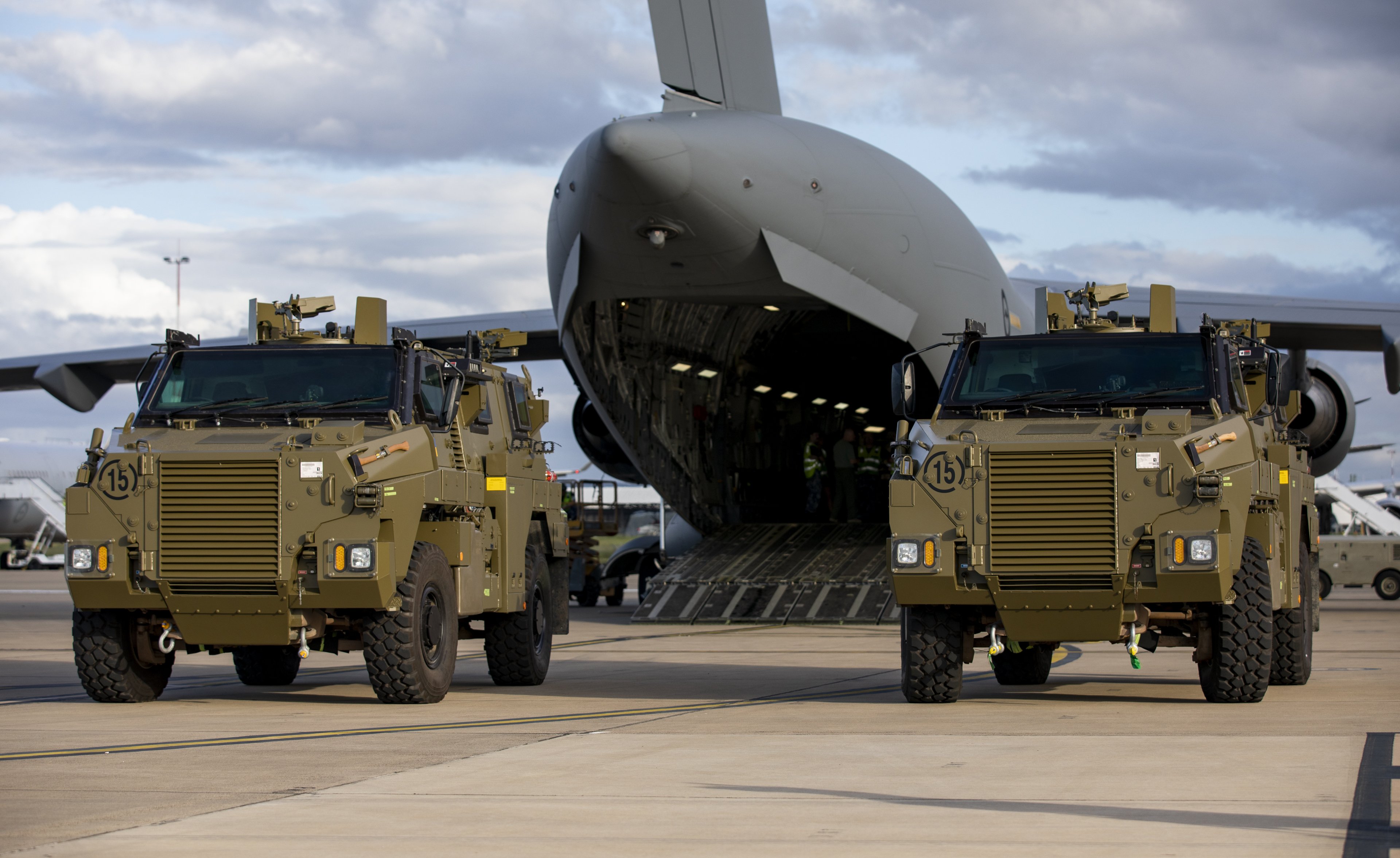 The first three of the Australian Government’s gift of 20 armored vehicles, being loaded for delivery to Ukraine at the RAAF Base Amberley in Queensland, Australia.
