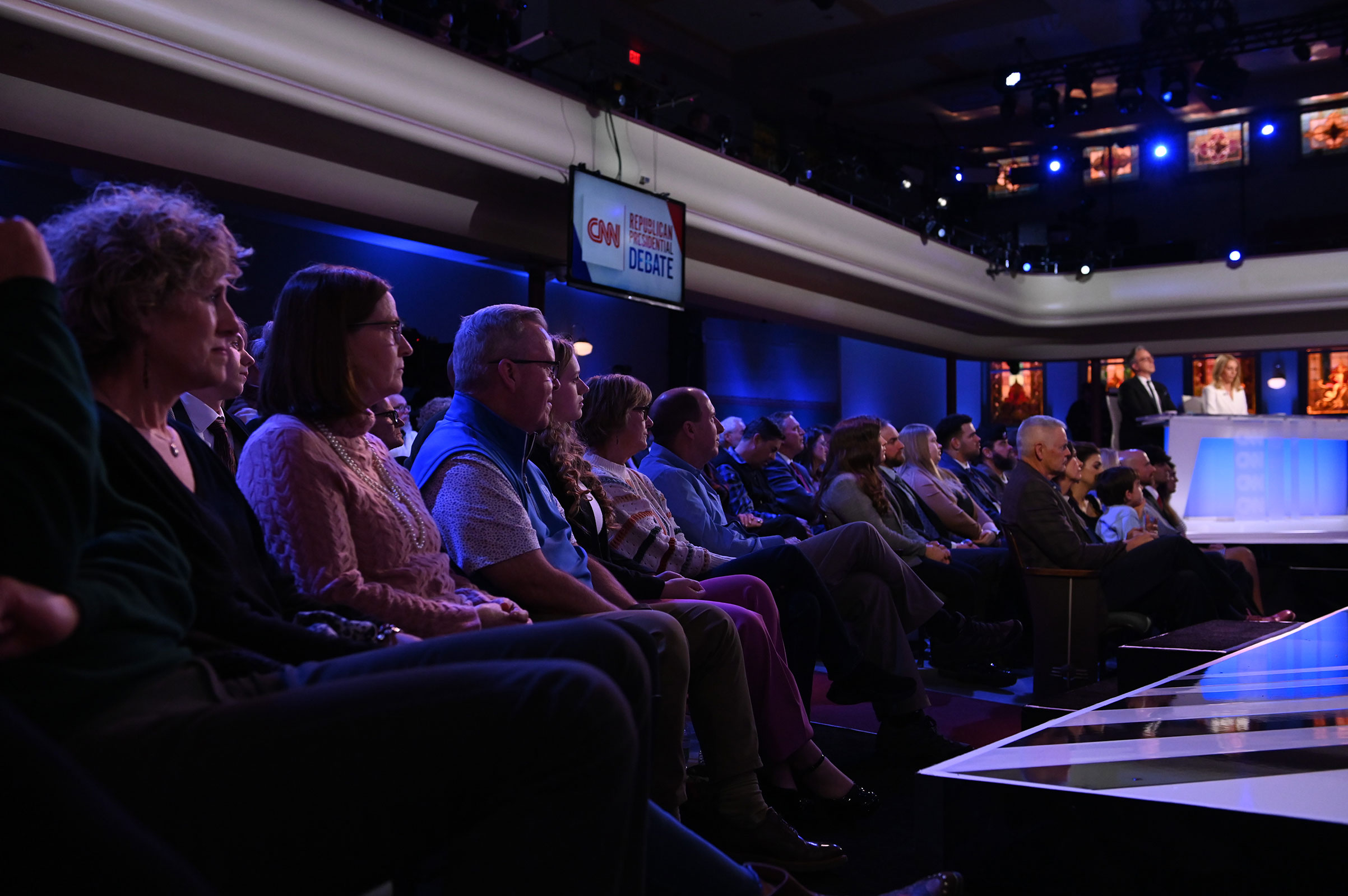 Audience members listen as former South Carolina Gov. Nikki Haley and Florida Gov. Ron DeSantis participate in a CNN Republican Presidential Debate at Drake University in Des Moines, Iowa, on January 10.