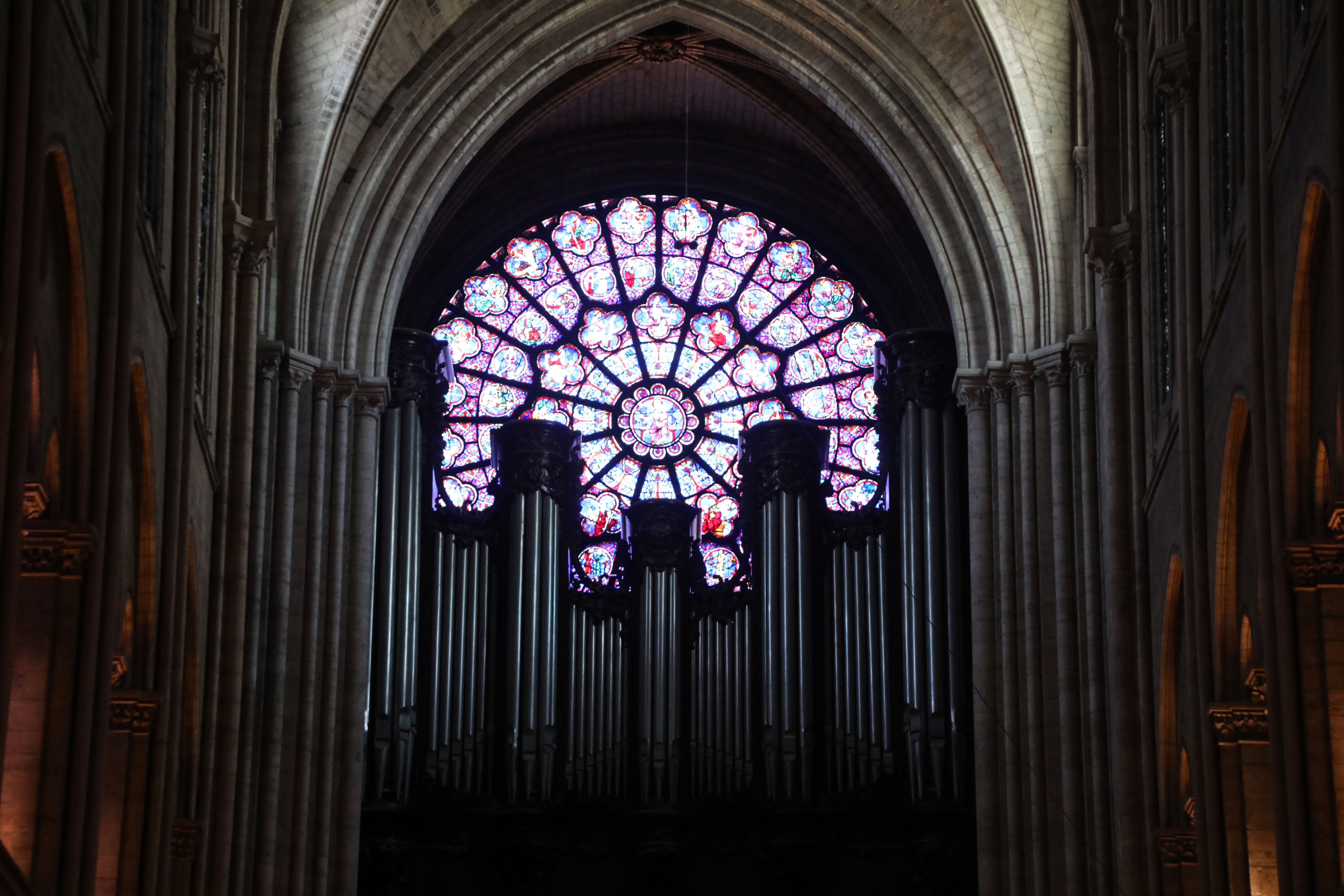 A photo taken on June 26, 2018 shows stained-glass windows at Notre Dame.