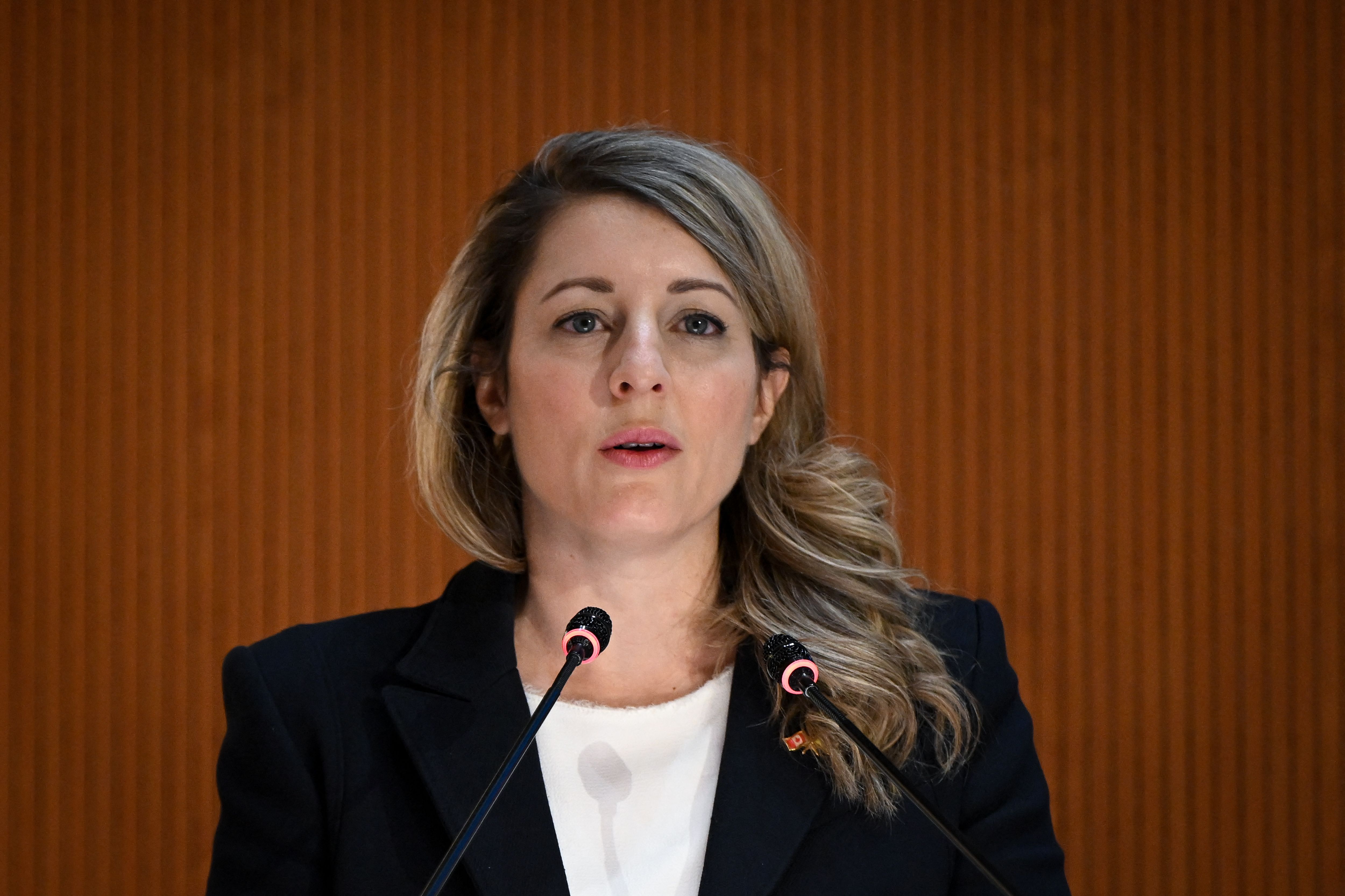 Canadian Foreign Minister Melanie Joly delivers a speech during a session of the UN Human Rights Council in Geneva, Switzerland, on February 28.