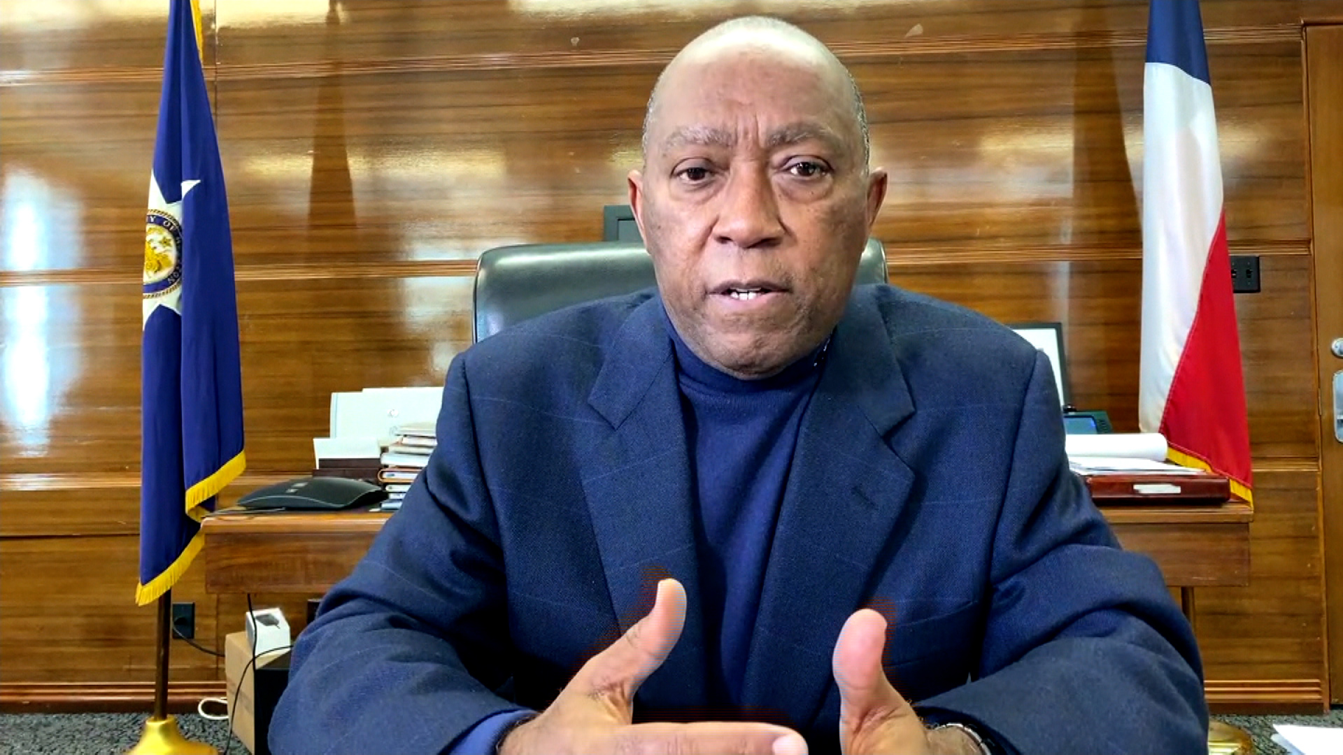 Houston Mayor Sylvester Turner speaks during an interview on February 19.