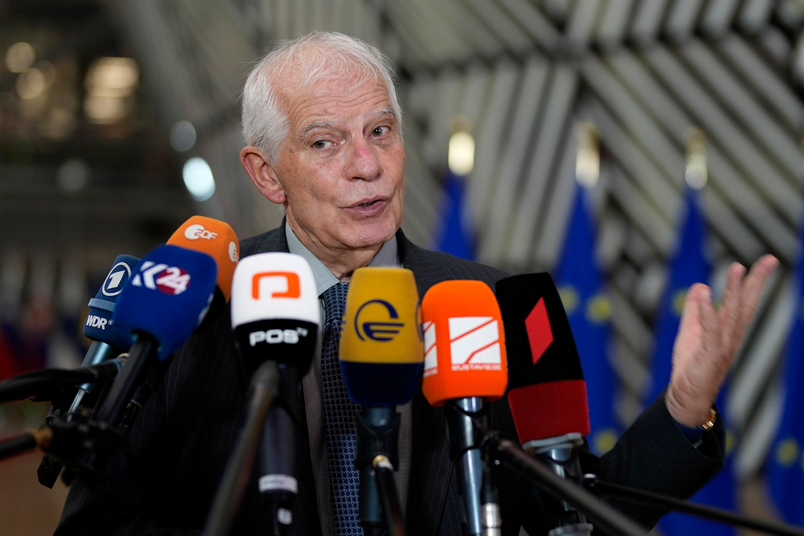 Josep Borrell speaks with the media in Brussels on December 11.