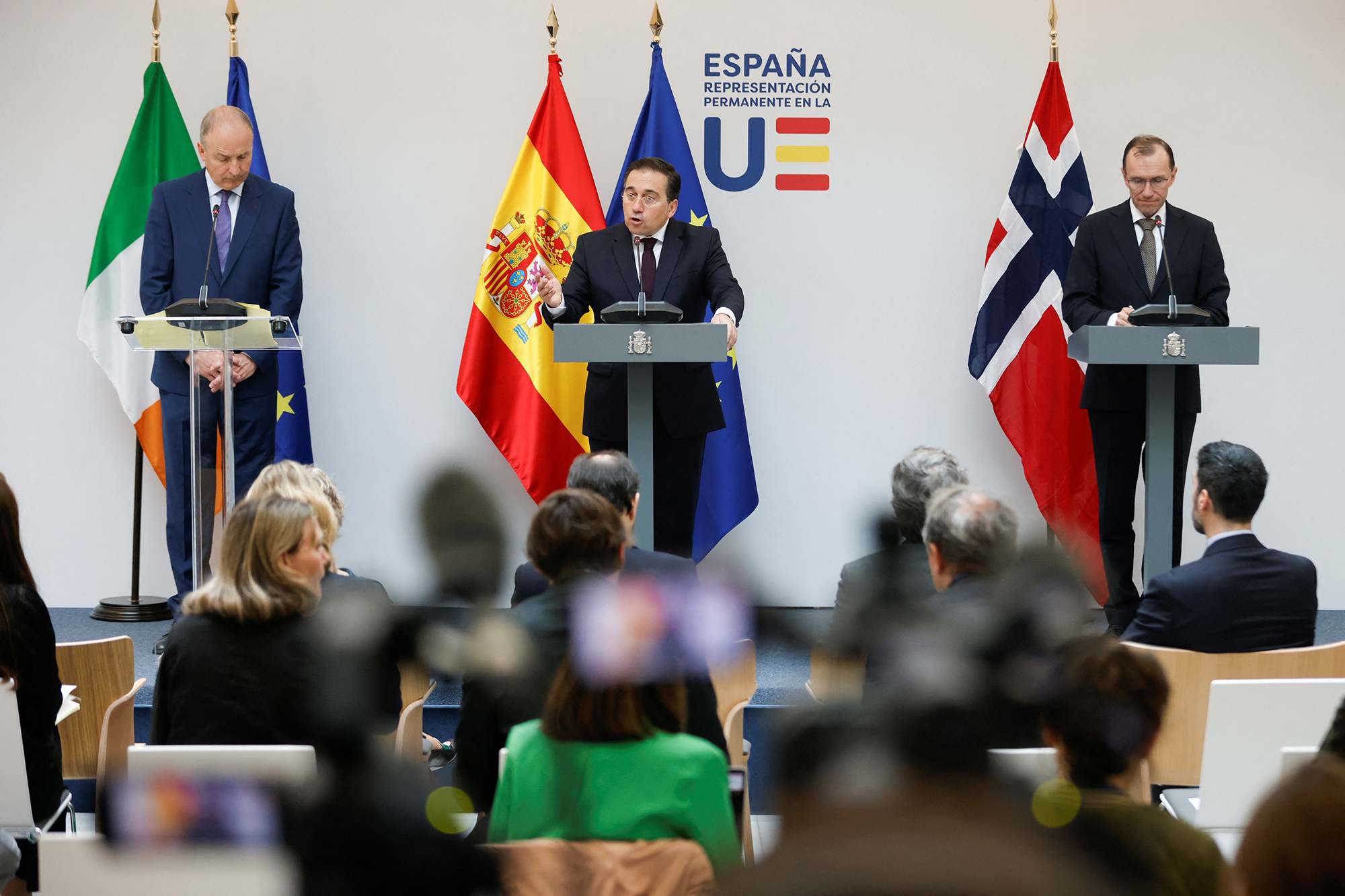 Spanish Foreign Minister Jose Manuel Albares, center, Norway's Foreign Minister Espen Barth Eide, right,  and Ireland's Foreign Minister Micheal Martin hold a press conference in Brussels, Belgium, on May 27.