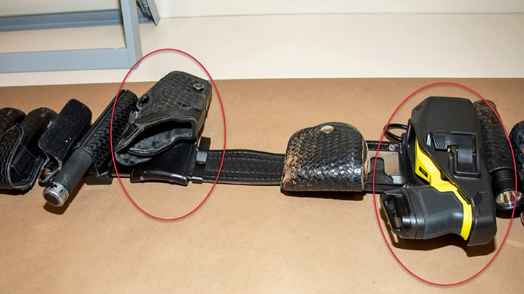 This image provided by the prosecution shows Officer Kim Potter's duty belt. Prosecutors walked jurors through the differences between Potter's handgun and her Taser on Monday, December 13.