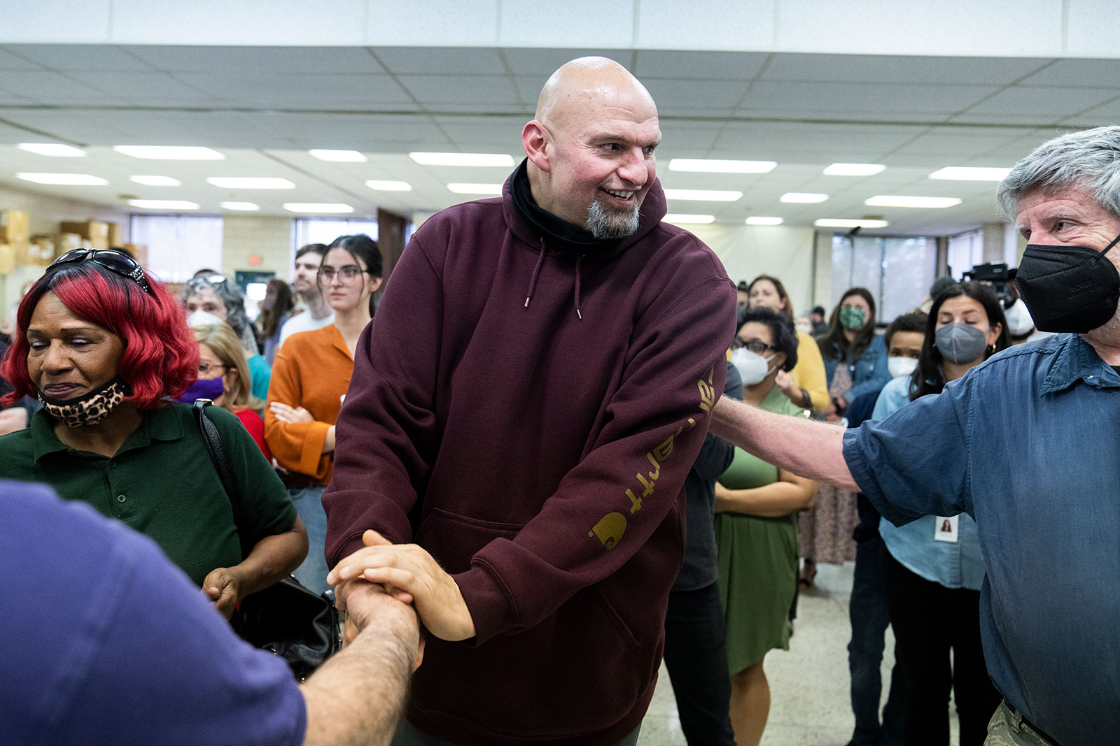 Lt. Gov. John Fetterman greets guests during a rally at the UFCW Local 1776 KS headquarters in Plymouth Meeting, Pennsylvania, on April 16.