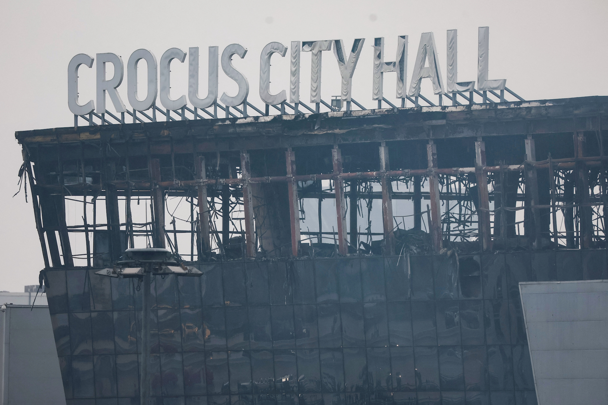 A view shows the burned Crocus City Hall concert hall in Krasnogorsk, outside Moscow, on Saturday.