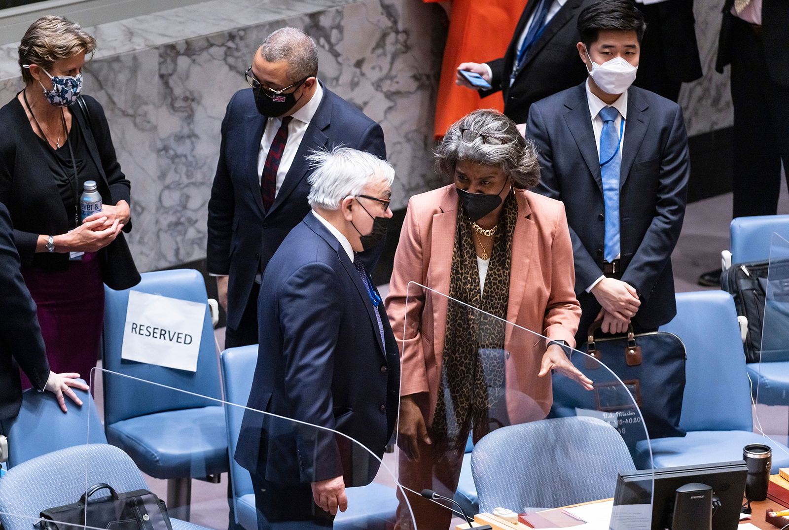 The US Ambassador to the UN Linda Thomas-Greenfield, second right, talks with Russia's Deputy Foreign Minister Sergey Vershinin at the start of a UN Security Council meeting on the tensions between Ukraine and Russia, on February 17.