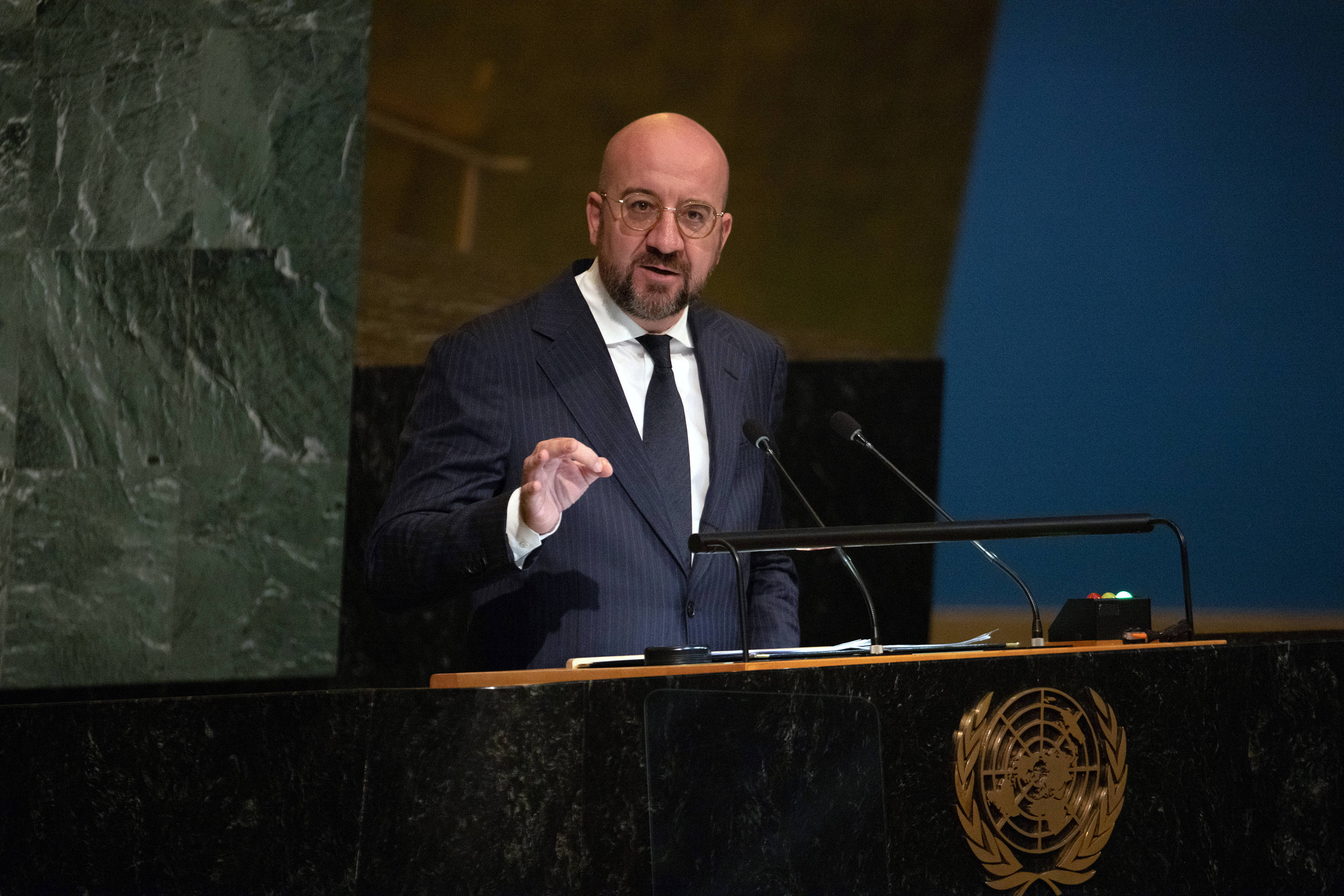 European Council President Charles Michel speaks during the United Nations General Assembly in New York, on Friday, September 23.