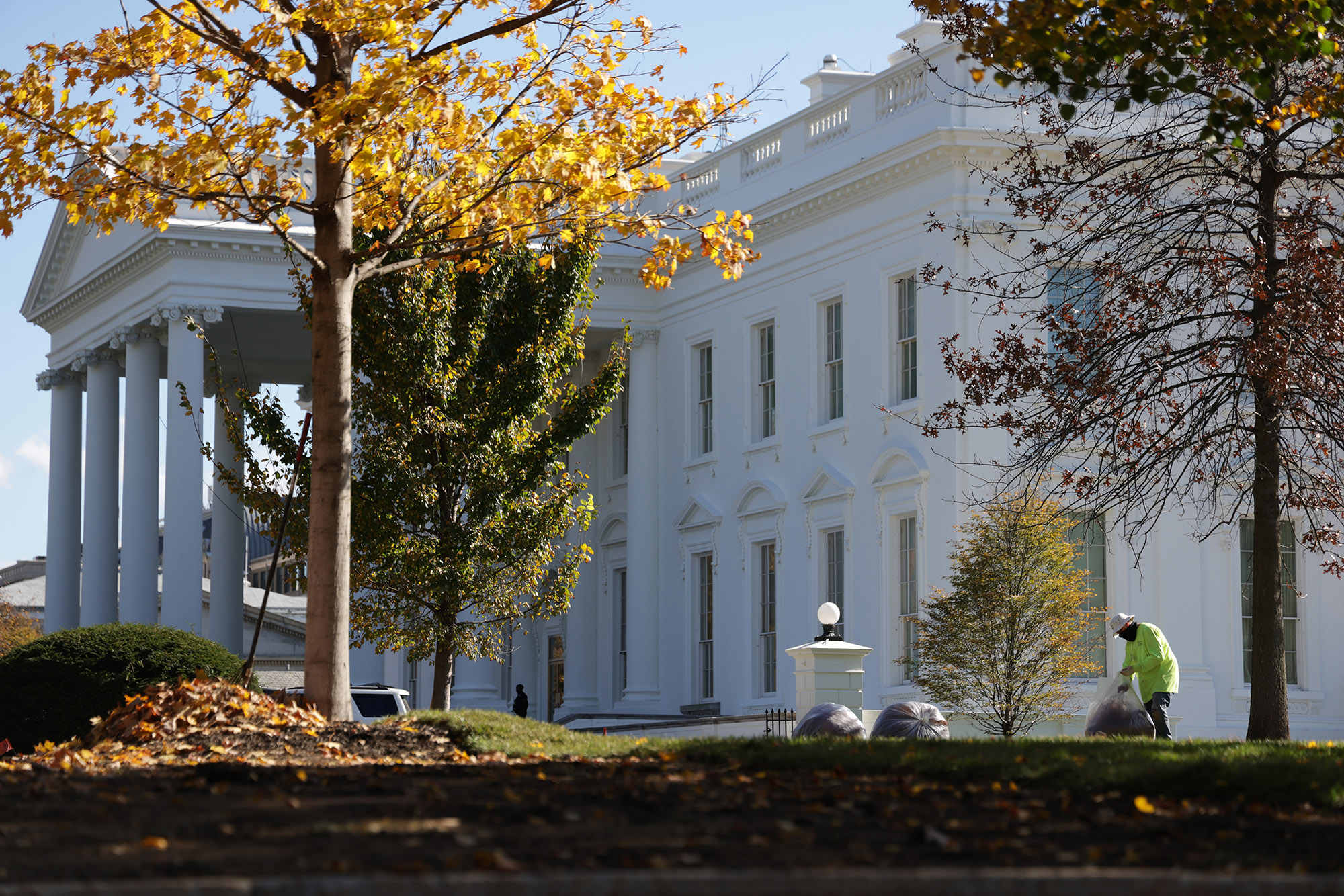 Gardening crew works on replacing the lawn on the ground of the White House on November 10, in Washington, DC. 