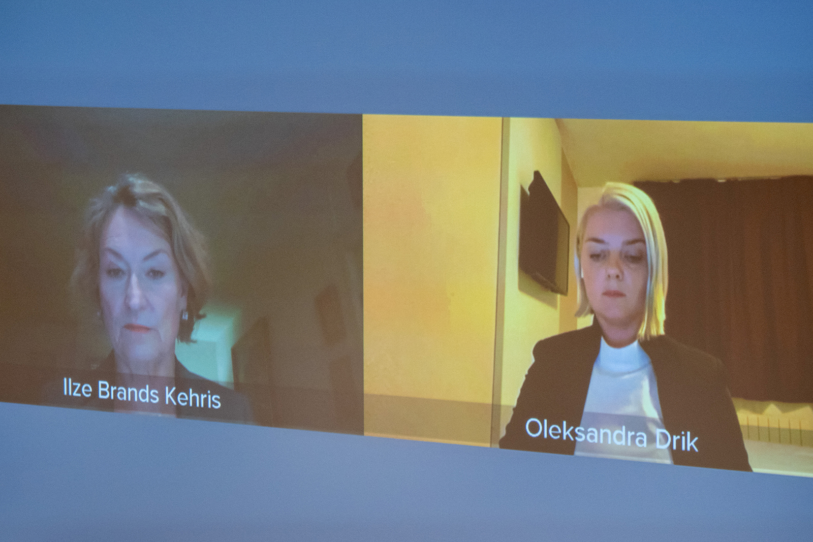 Assistant Secretary-General for Human Rights Ilze Brands Kehris, left, and Head of the Board, Civic Lustration Committee, Ukraine Oleksandra Drik, right, virtually address the United Nations Security Council in New York on Wednesday, September 7.