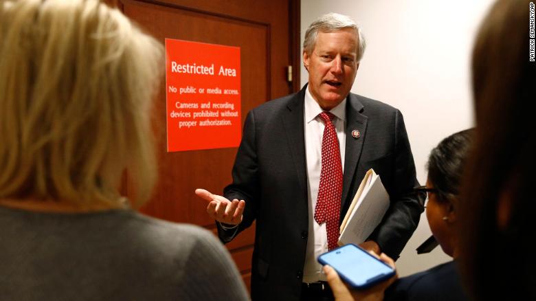 Rep. Mark Meadows, R-N.C., speaks to reporters outside a secure area of the Capitol where Army Lt. Col. Alexander Vindman, a military officer at the National Security Council, arrived for a closed door meeting to testify as part of the House impeachment inquiry on October 29.  