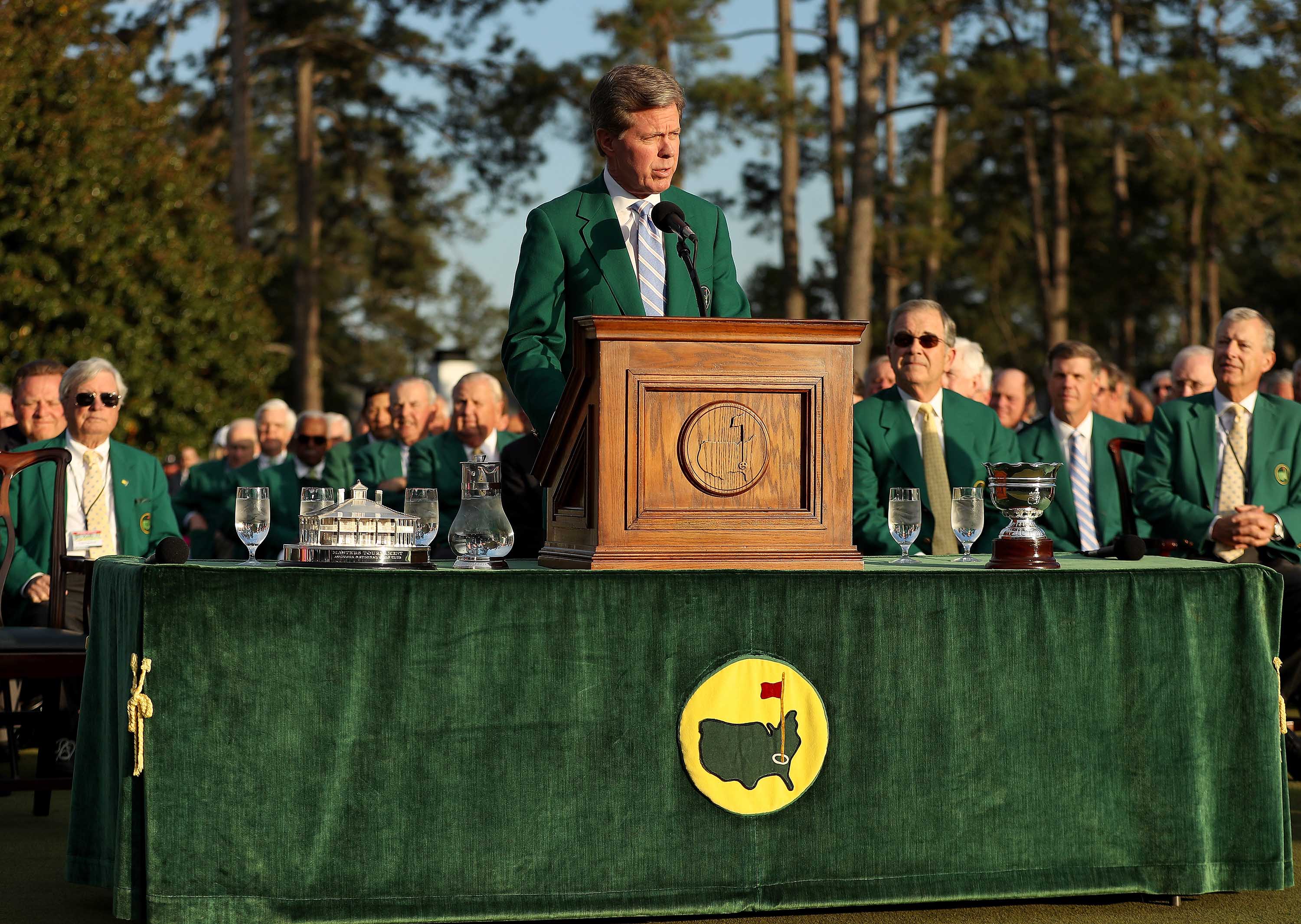 Fred Ridley, Chairman of Augusta National Golf Club, speaks during the green jacket ceremony for the 2018 Masters Tournament in Augusta, Georgia.